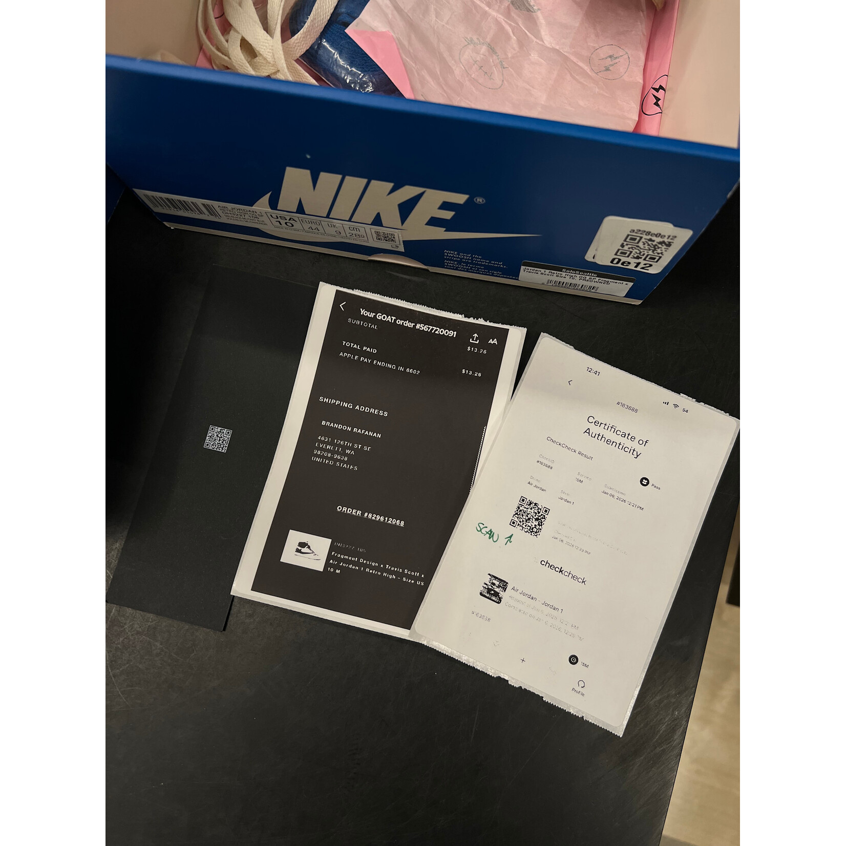 Jordan Jordan 1 Retro High OG SP Fragment x Travis Scott Size 10, PREOWNED