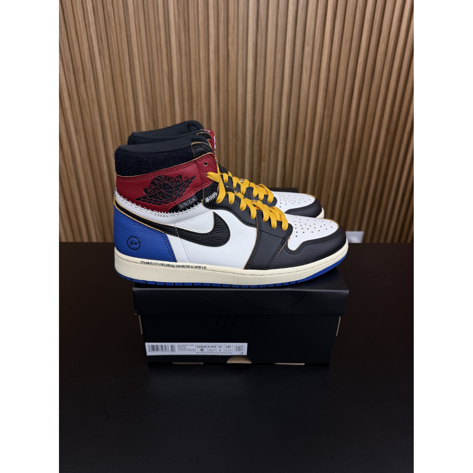 Jordan Jordan 1 Retro High OG SP Fragment x Union LA Varsity Red Sport Royal Size 9, PREOWNED