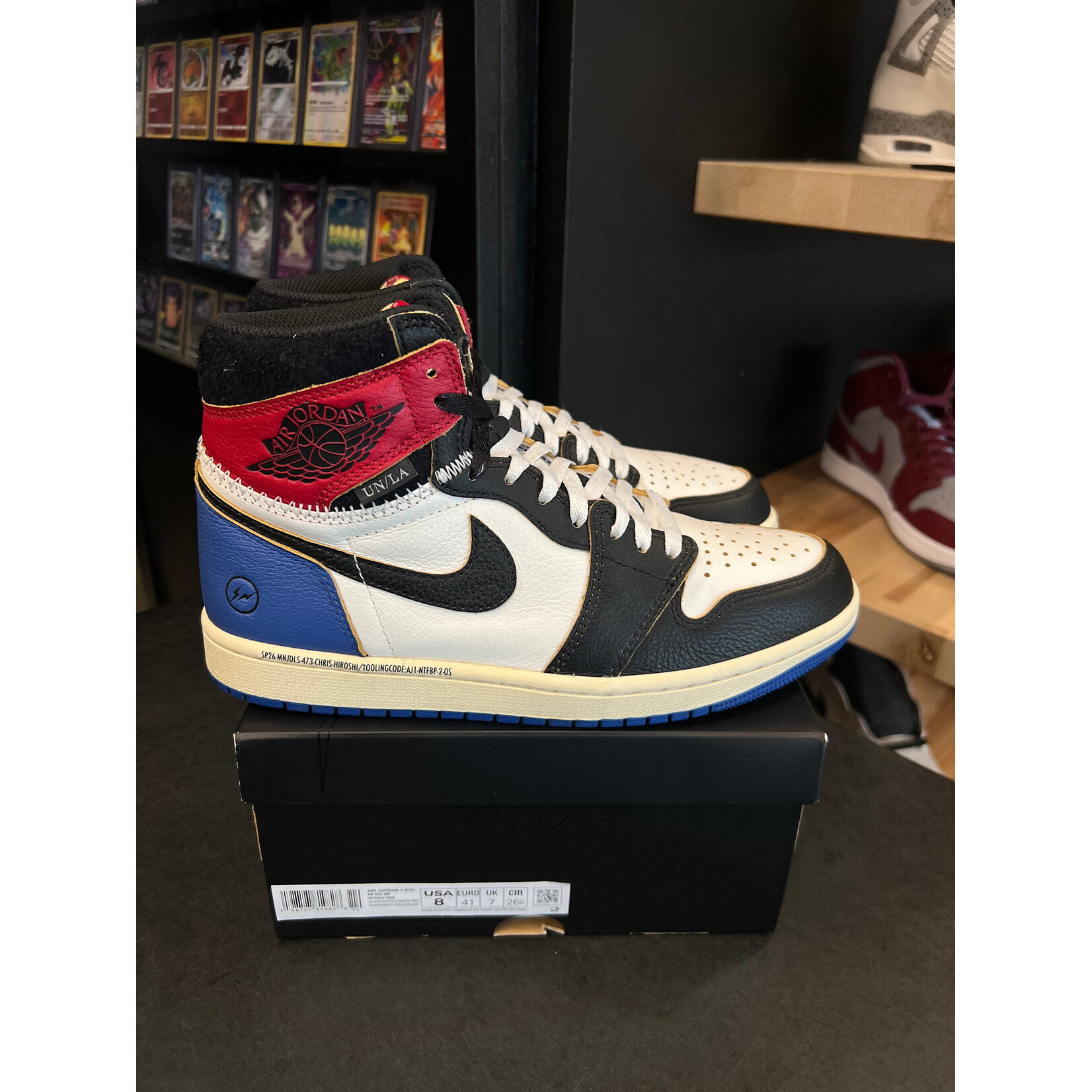 Jordan Jordan 1 Retro High OG SP Fragment x Union LA Varsity Red Sport Royal Size 8, PREOWNED