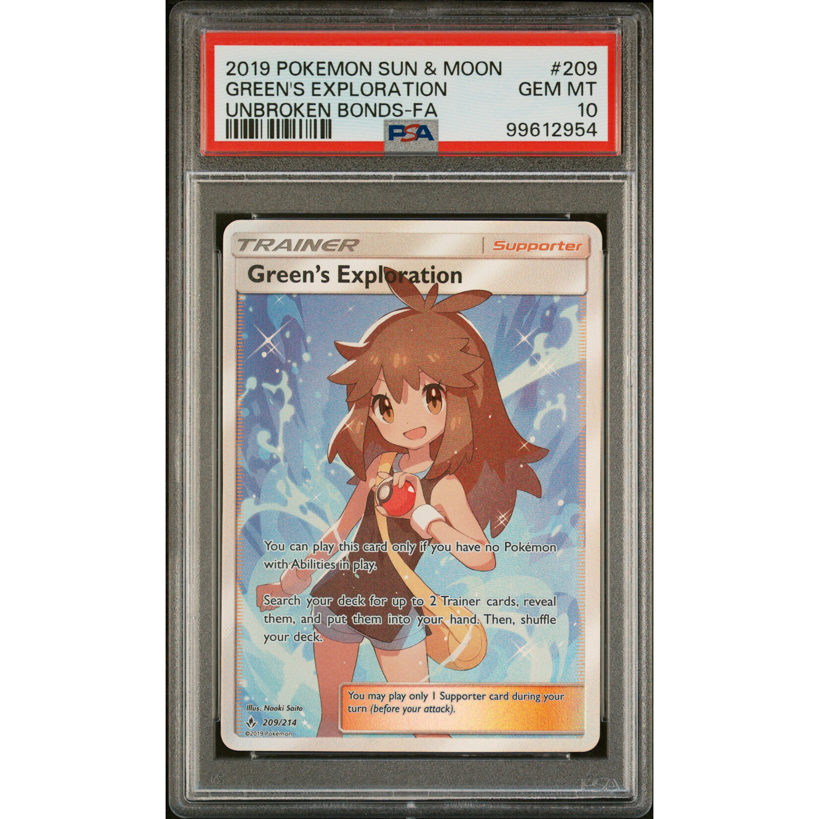 2019 Pokémon Unbroken Bonds Green's Exploration Full Art #209 PSA 10