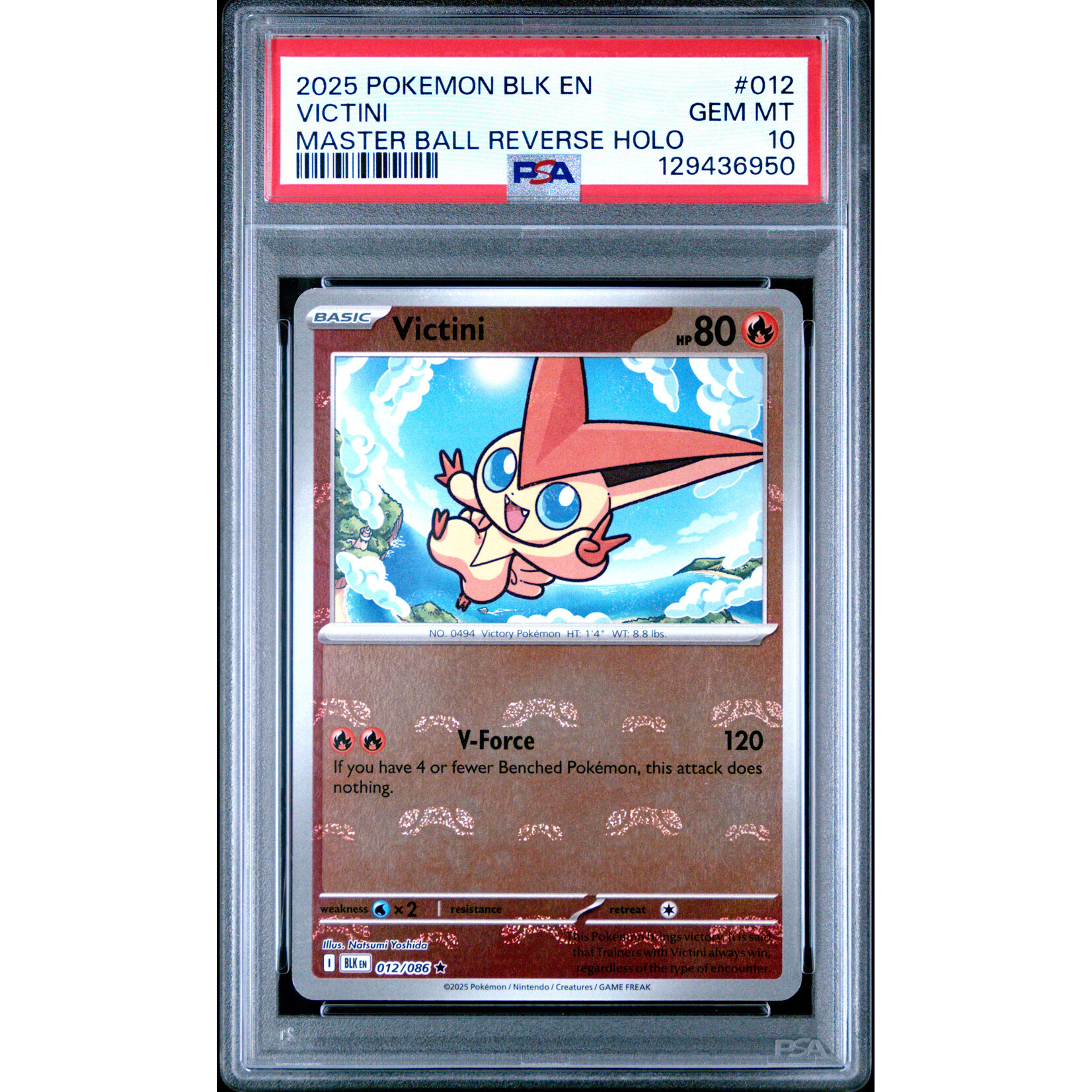 2025 Pokémon Black Bolt Victini Master Ball Reverse Holo #012 PSA 10