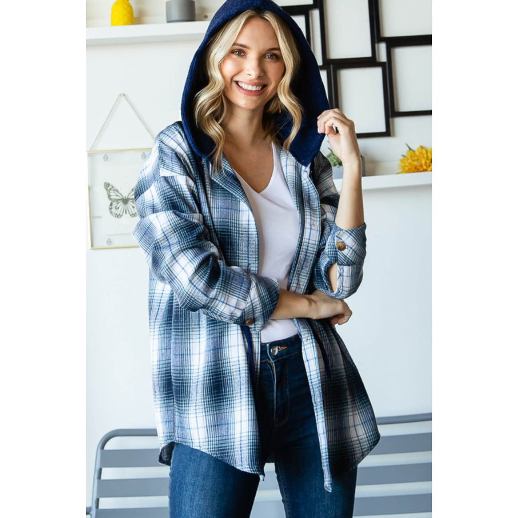 Hooded Plaid Shacket - Blue