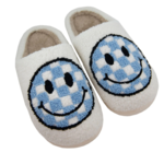 White Fuzzy Lt Blue Checkered Pattern Happy Face Slippers