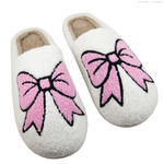 White Fuzzy Light Pink Bow Slippers
