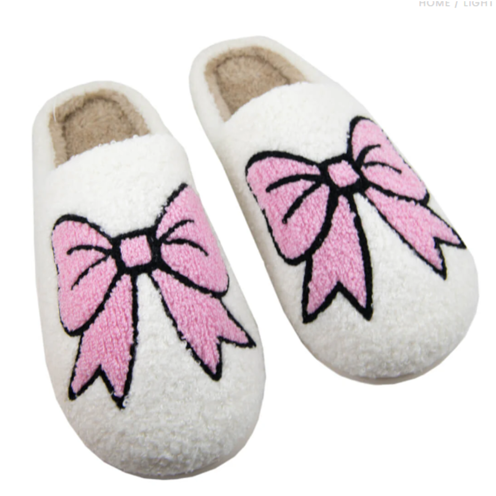 White Fuzzy Light Pink Bow Slippers