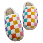 White Fuzzy Multicolored Checkered Pattern Slippers