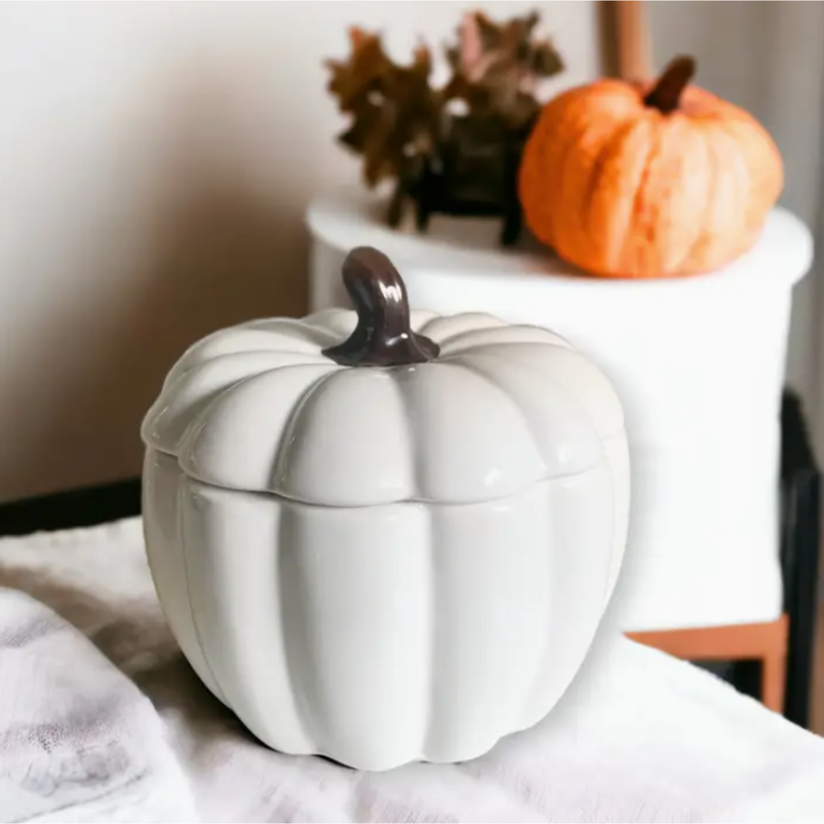 White Ceramic Pumpkin Candle with Lid