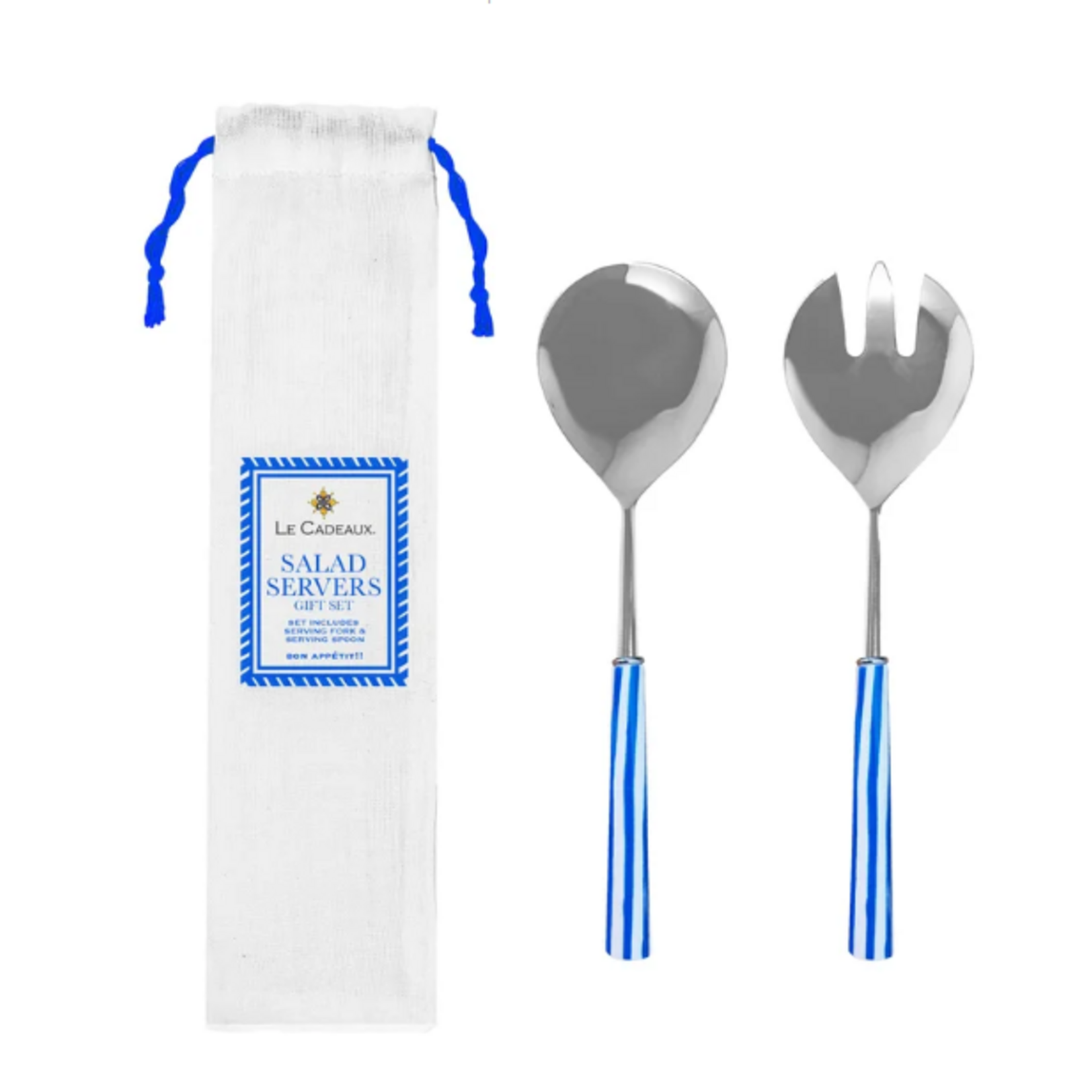 Le Cadeaux Salad Serving Set w/ Striped Blue Handle & Gift Bag