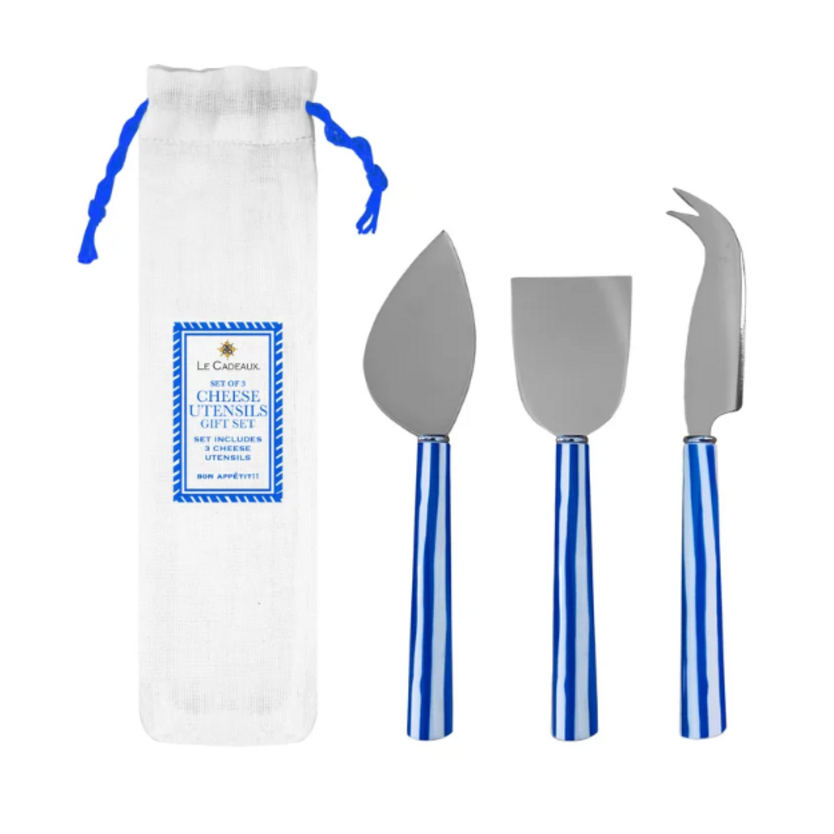 Le Cadeaux Gift Set - 3 Cheese Utensil Set w/ Blue Stripes & Gift Bag