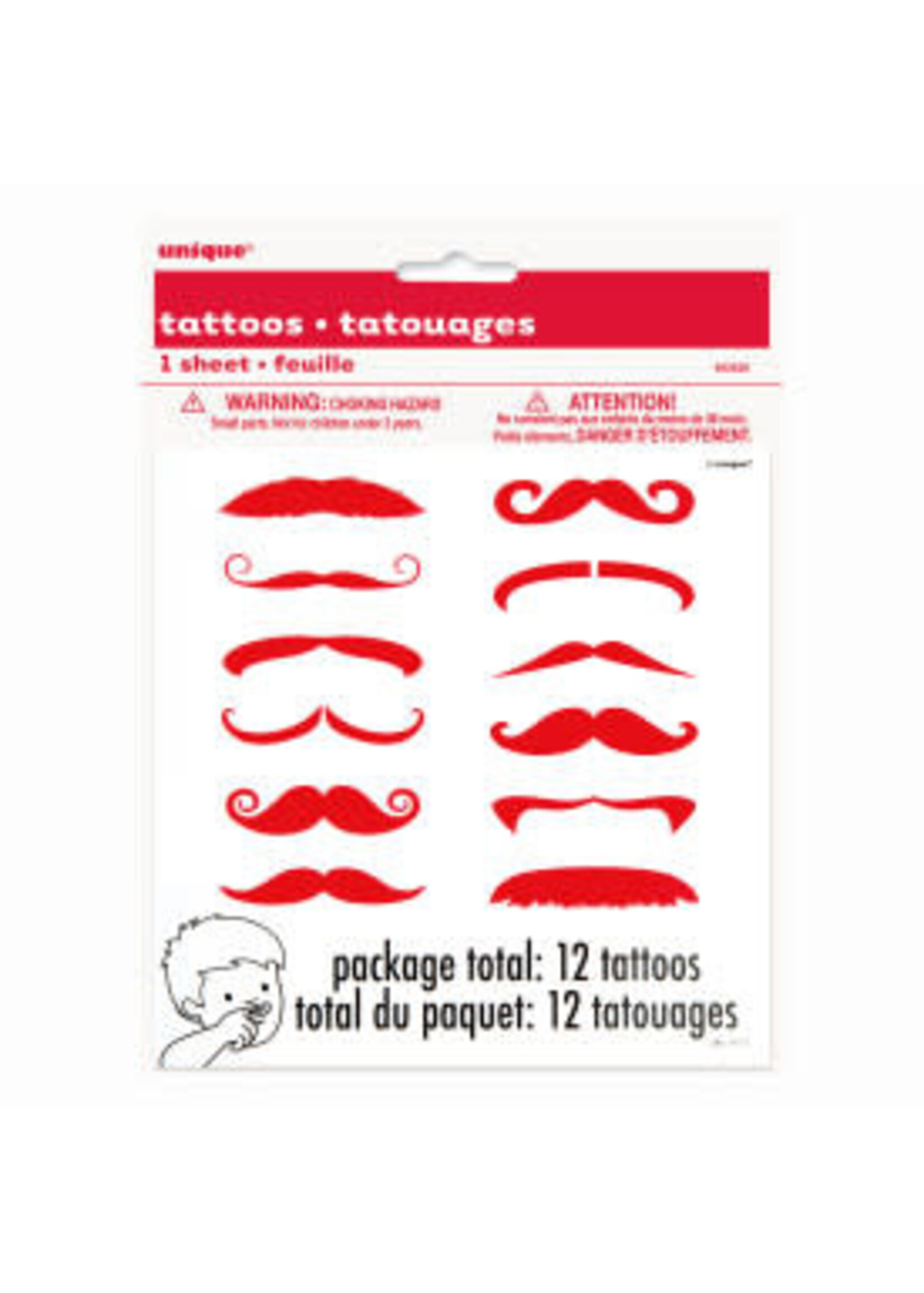 Red Mustache Finger Tattoos, 12ct