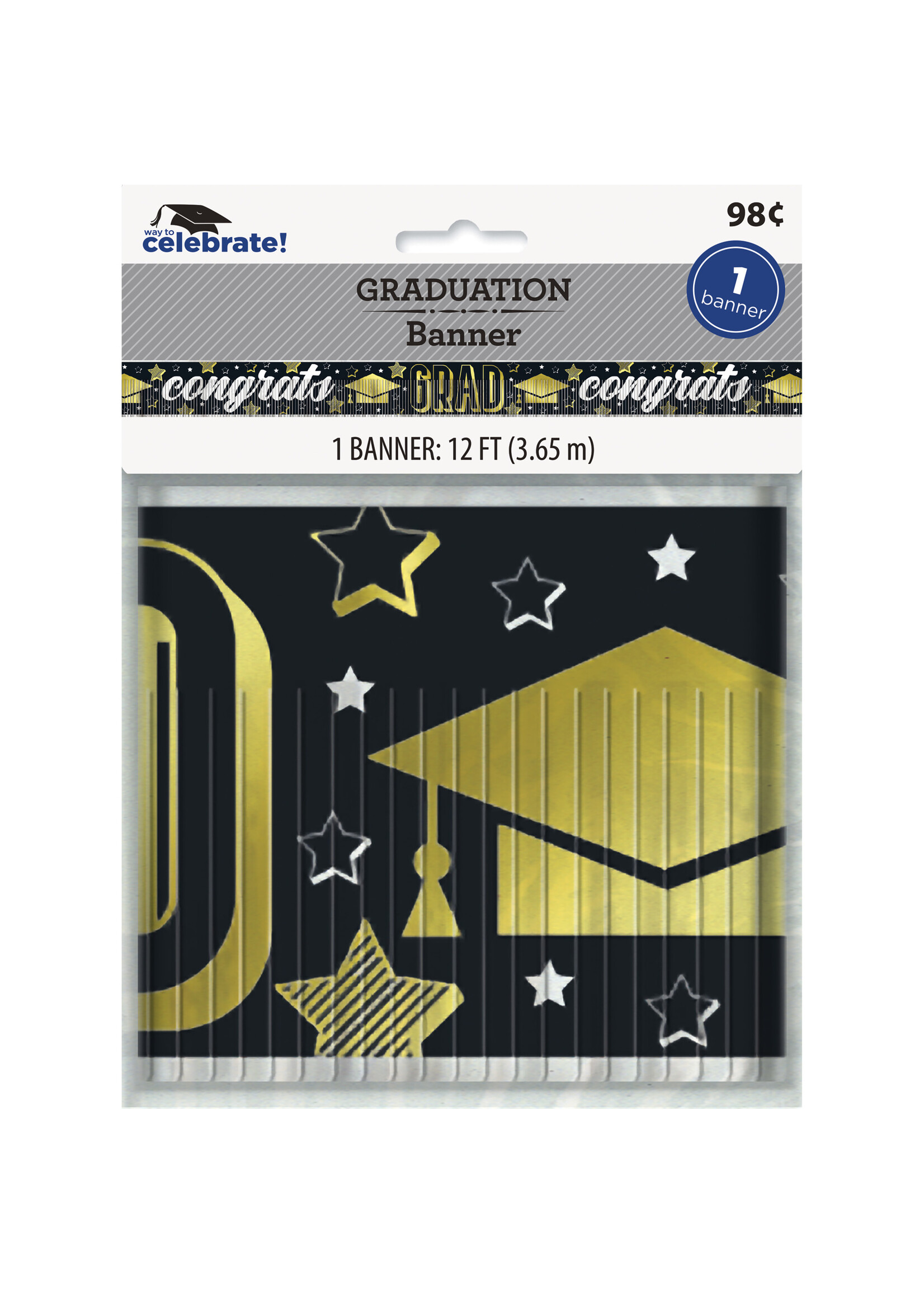 Stars & Caps Graduation Foil Fringe Banner, 12 ft