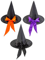 Witch Hat Adult W/satin Ribbon & Bow 3assorted Orange/black/purple Bow