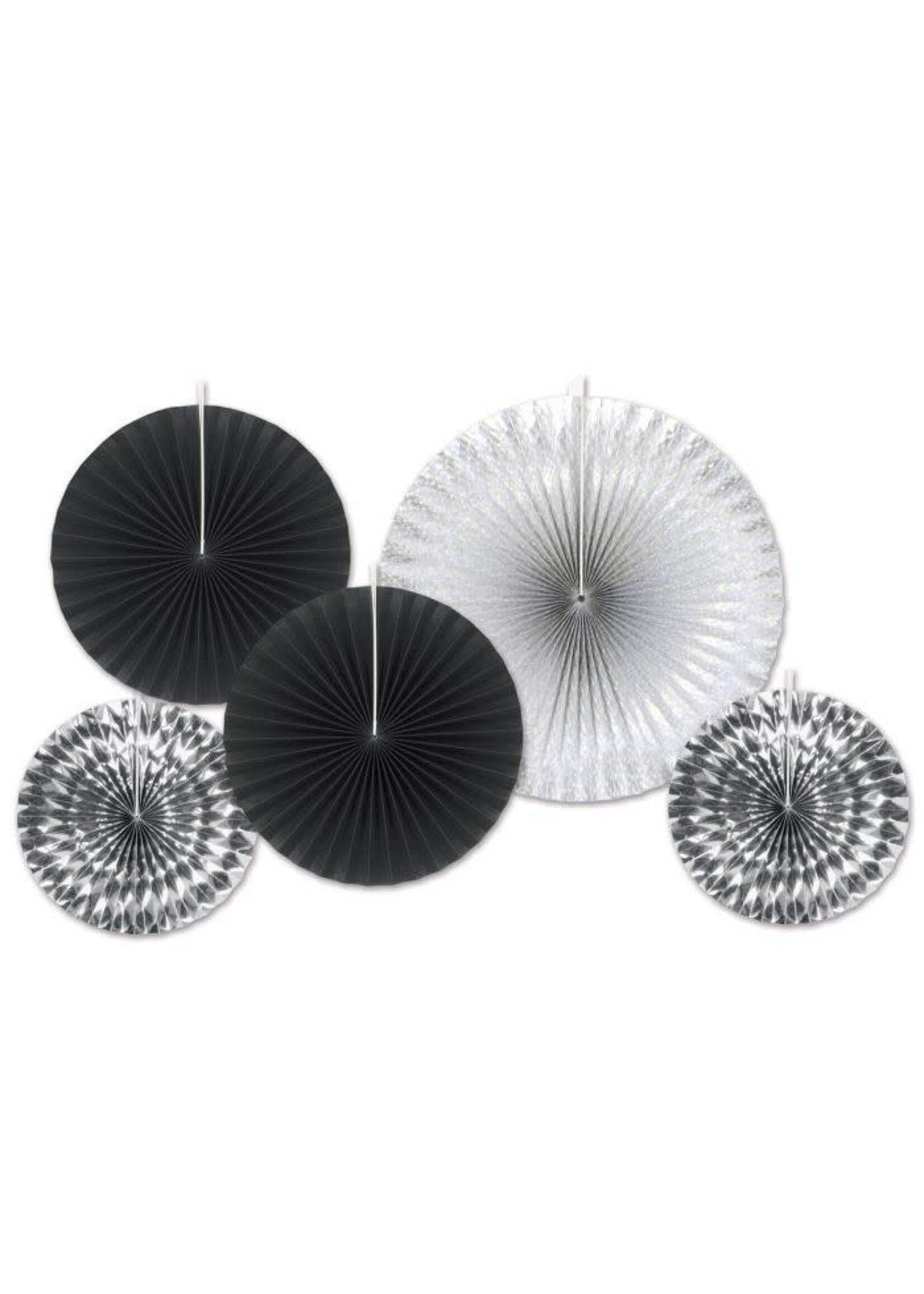 SILVER & BLACK Assorted Paper & Foil Decorative Fans 5/PKT