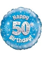 18" Happy 50th Birthday Blue Holographic Oaktree Foil Balloon