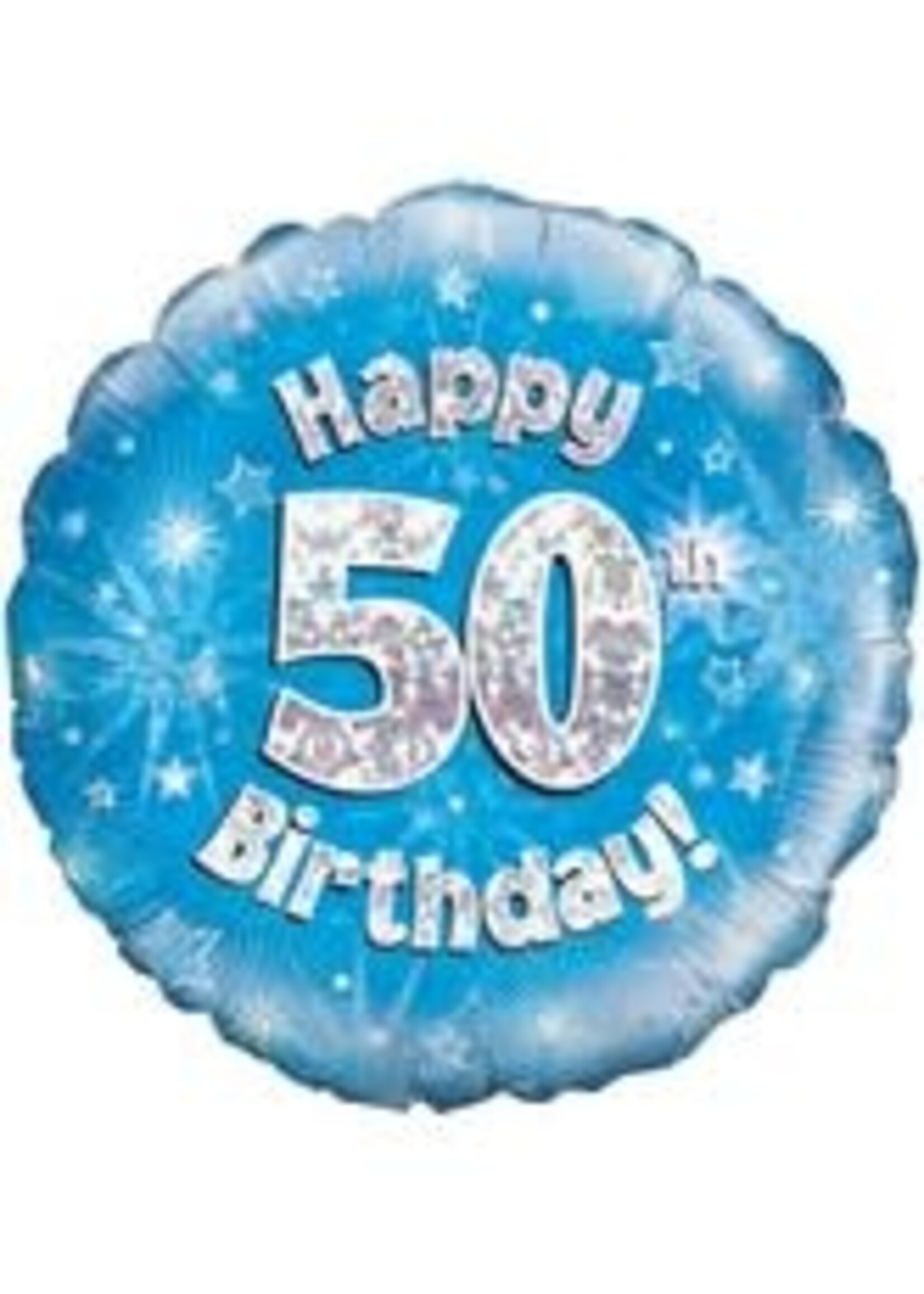 18" Happy 50th Birthday Blue Holographic Oaktree Foil Balloon