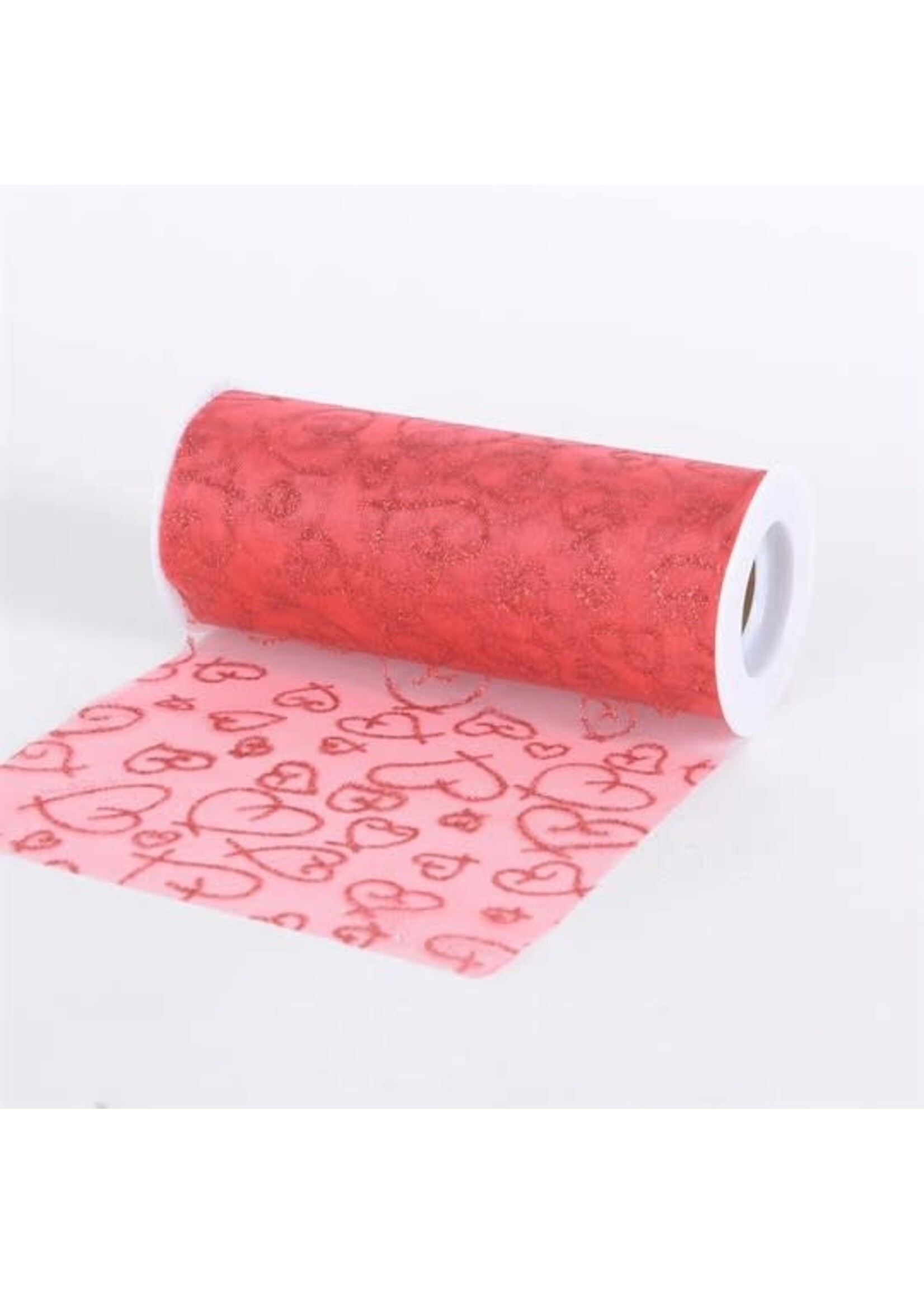 Red Glitter Heart Organza 6 Inch Roll 10 Yards