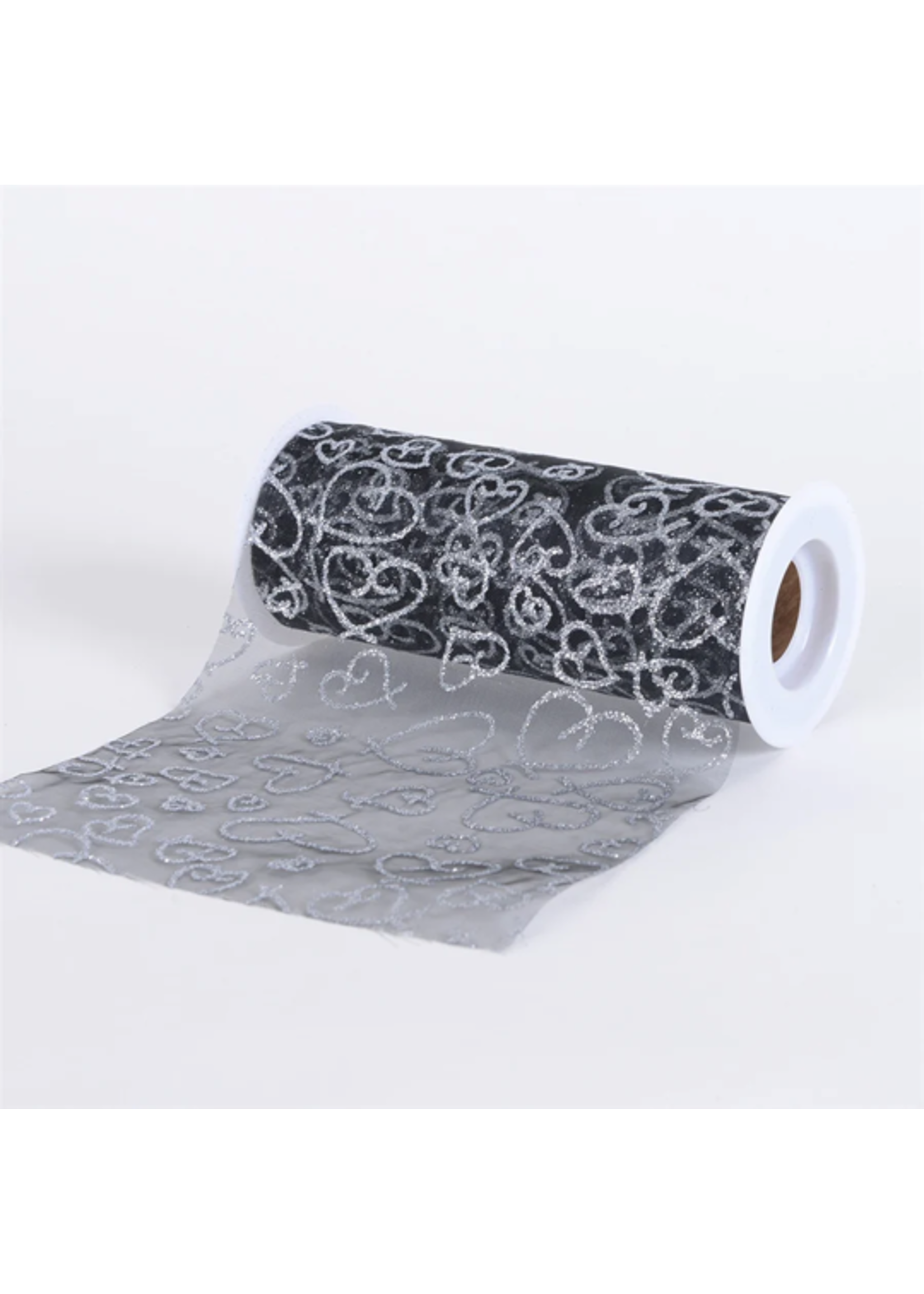 Black Glitter Heart Organza 6 Inch Roll 10 Yards