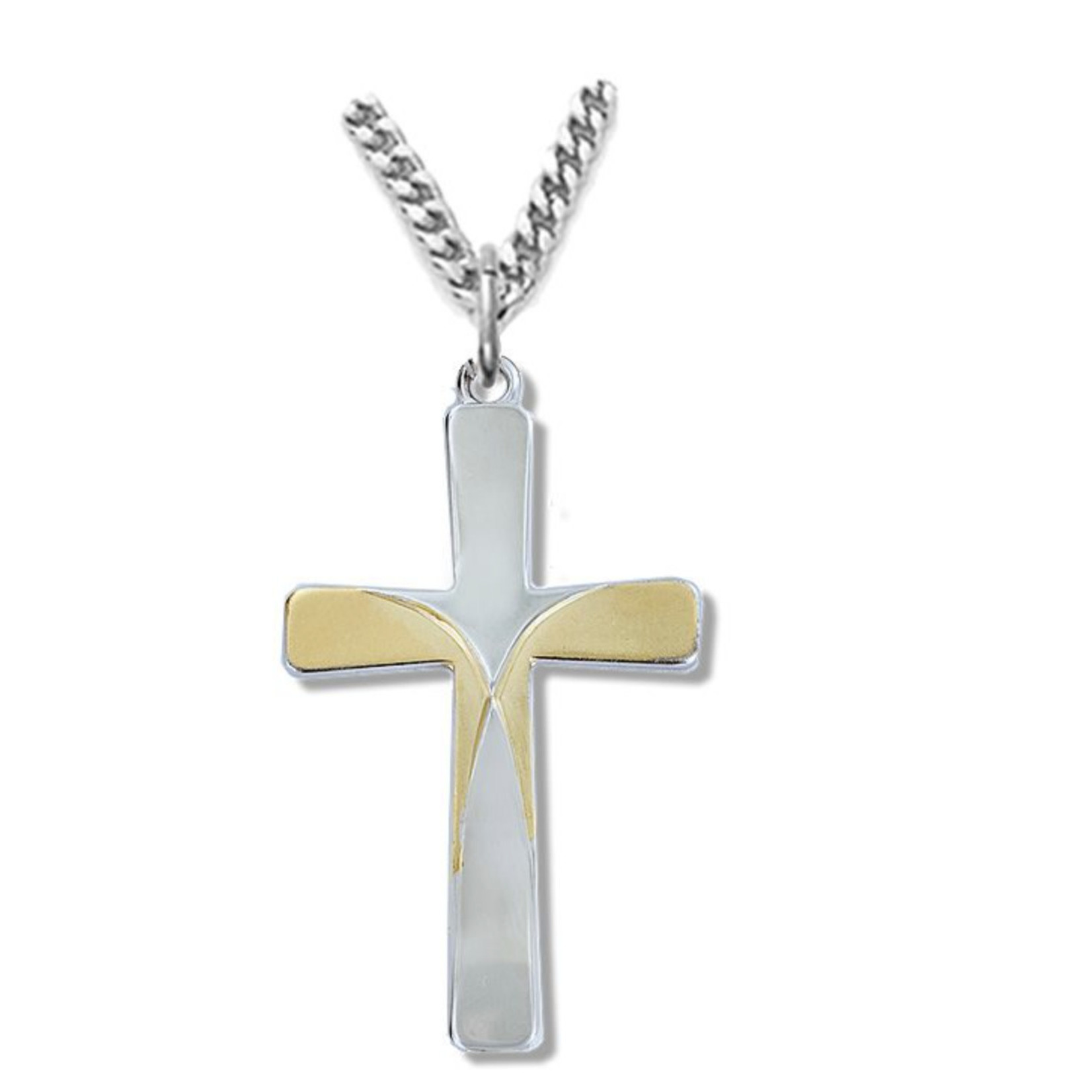Two-Tone Sterling Silver Engraved Cross Necklace with 24" Chain