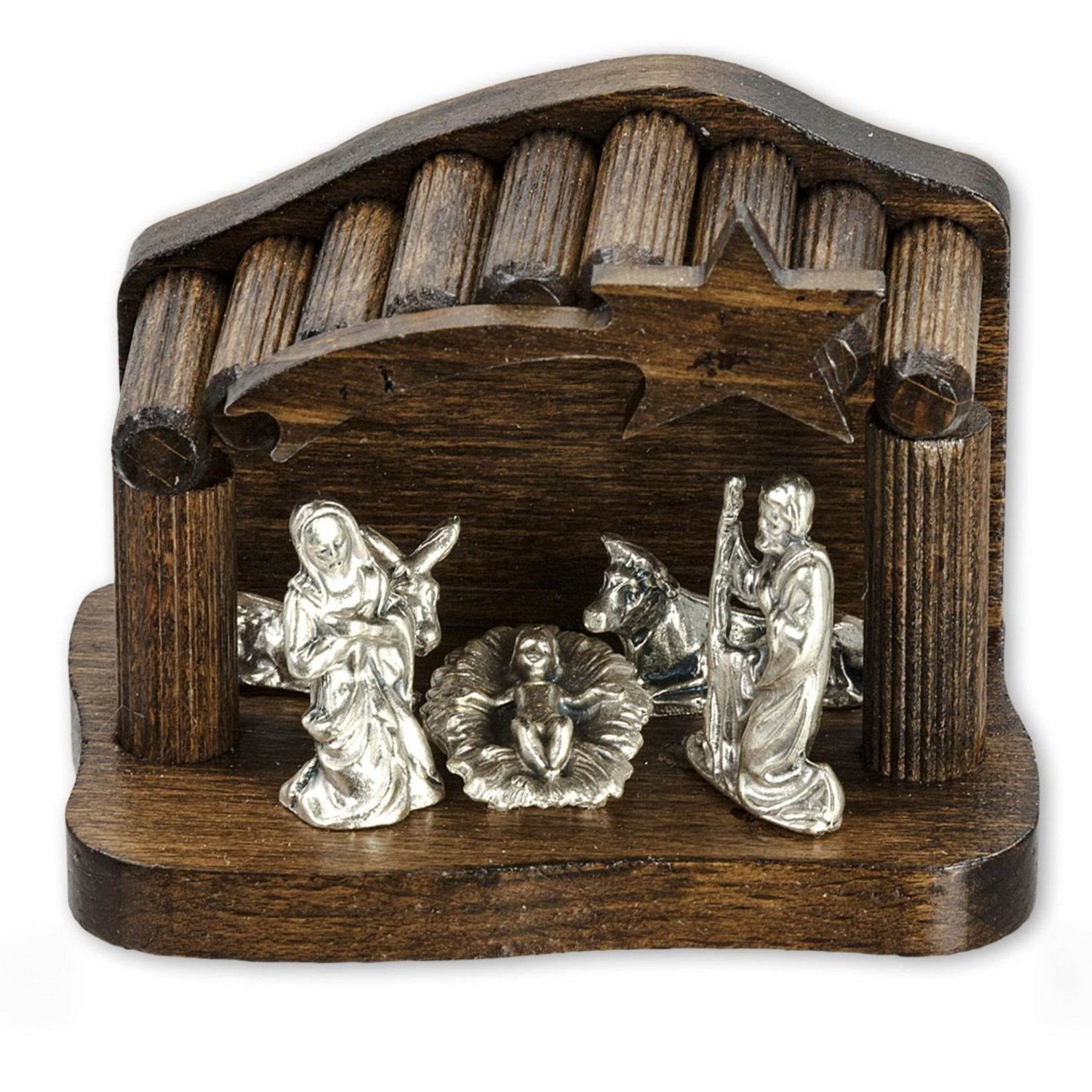 Dark Wood and Pewter Nativity with Small Pegs