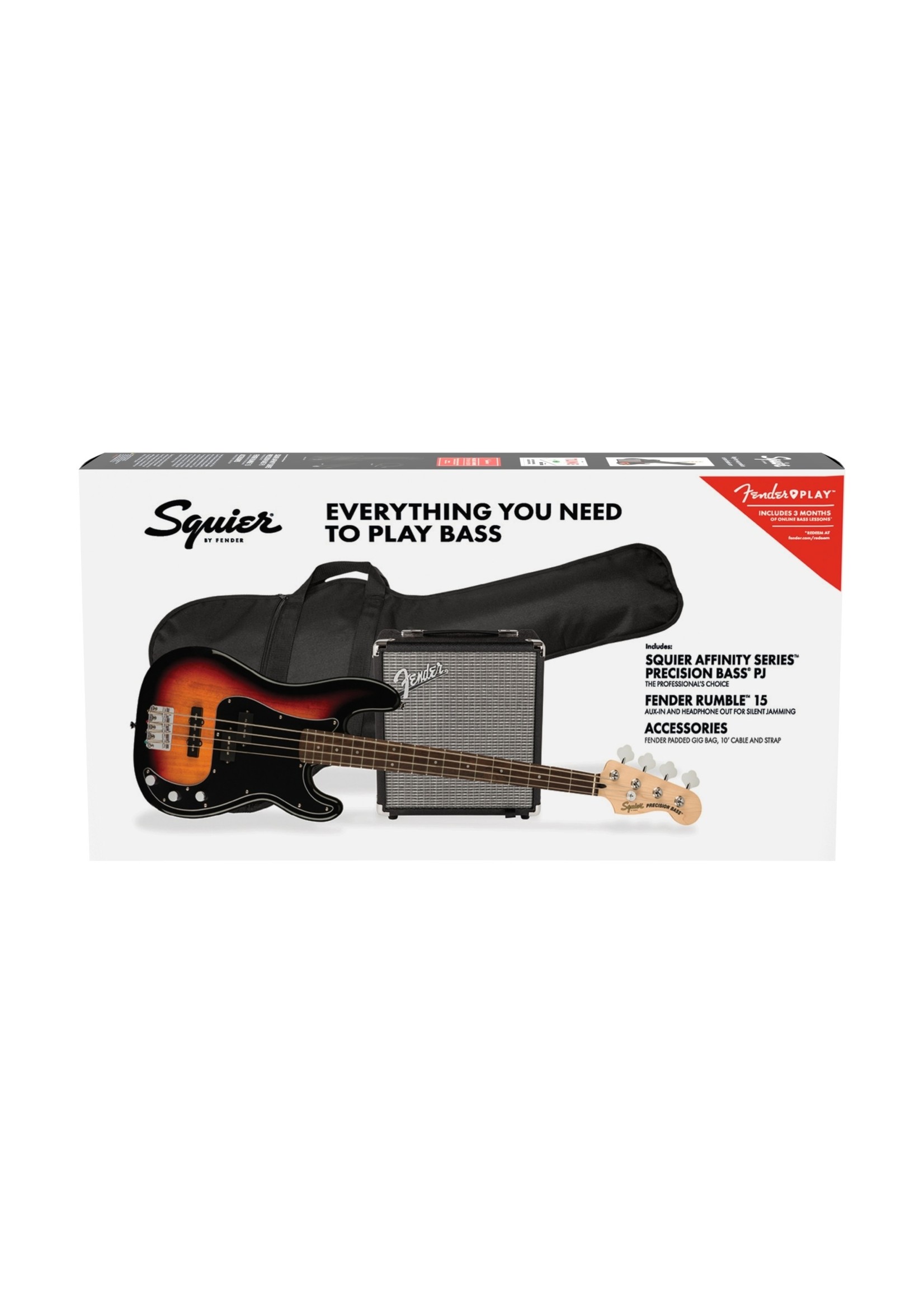 Squier Sqiuer Affinity Series Precision Bass PJ Pack, Laurel Fingerboard, 3-Color Sunburst, Gig Bag, Rumble 15 - 120V