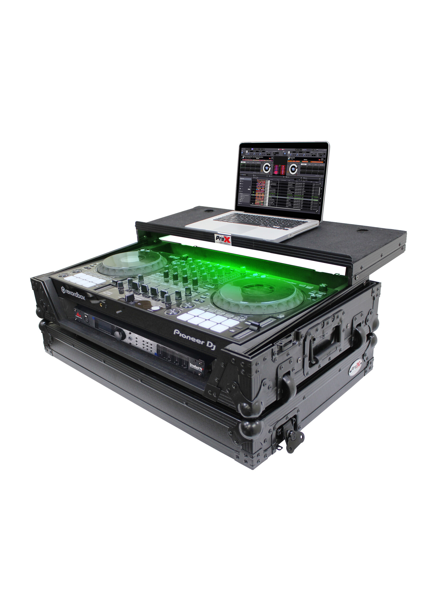 ProX ProX XS-DDJ1000 WLTBL LED SRT Case Black on Black  w/ Sliding Laptop Shelf & Penn-Elcom Wheels & LED KIT, 1U Rack Rails