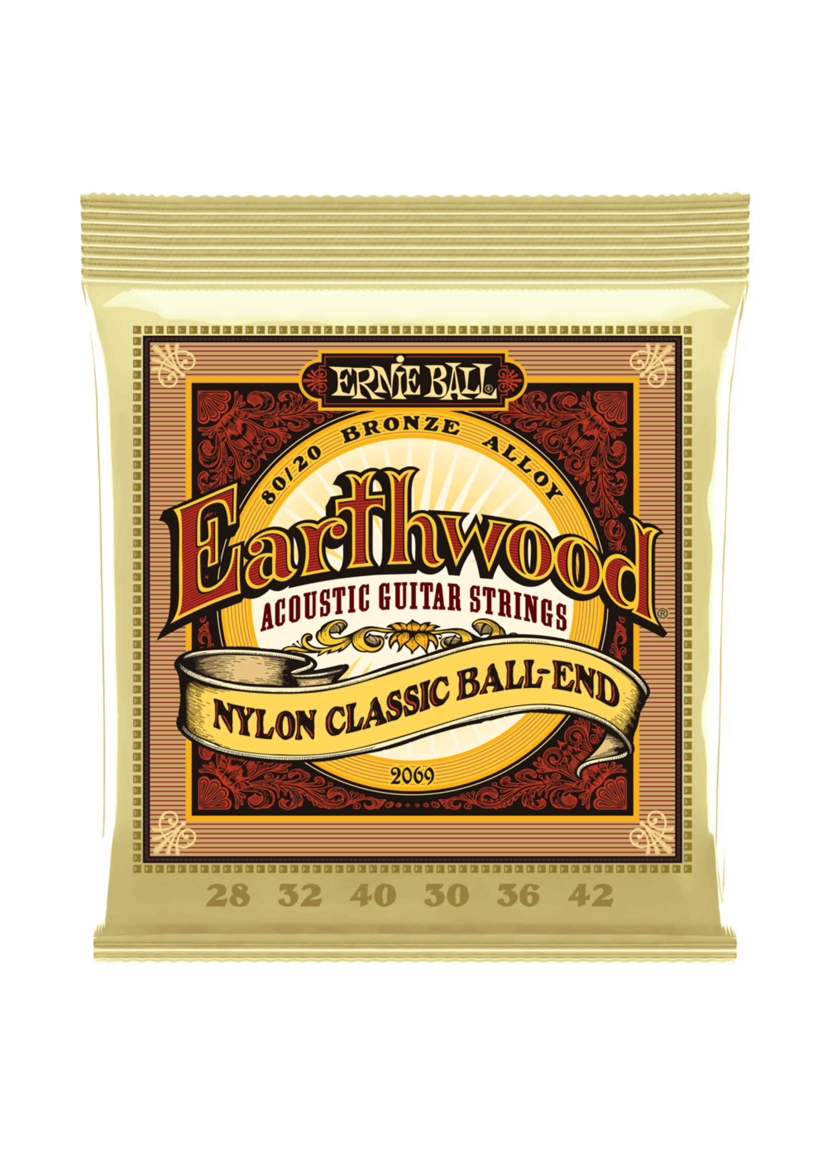 Ernie Ball Ernie Ball P02069 Earthwood 80/20 Bronze Nylon Ball End Folk/Classical Guitar Strings, Clear & Gold