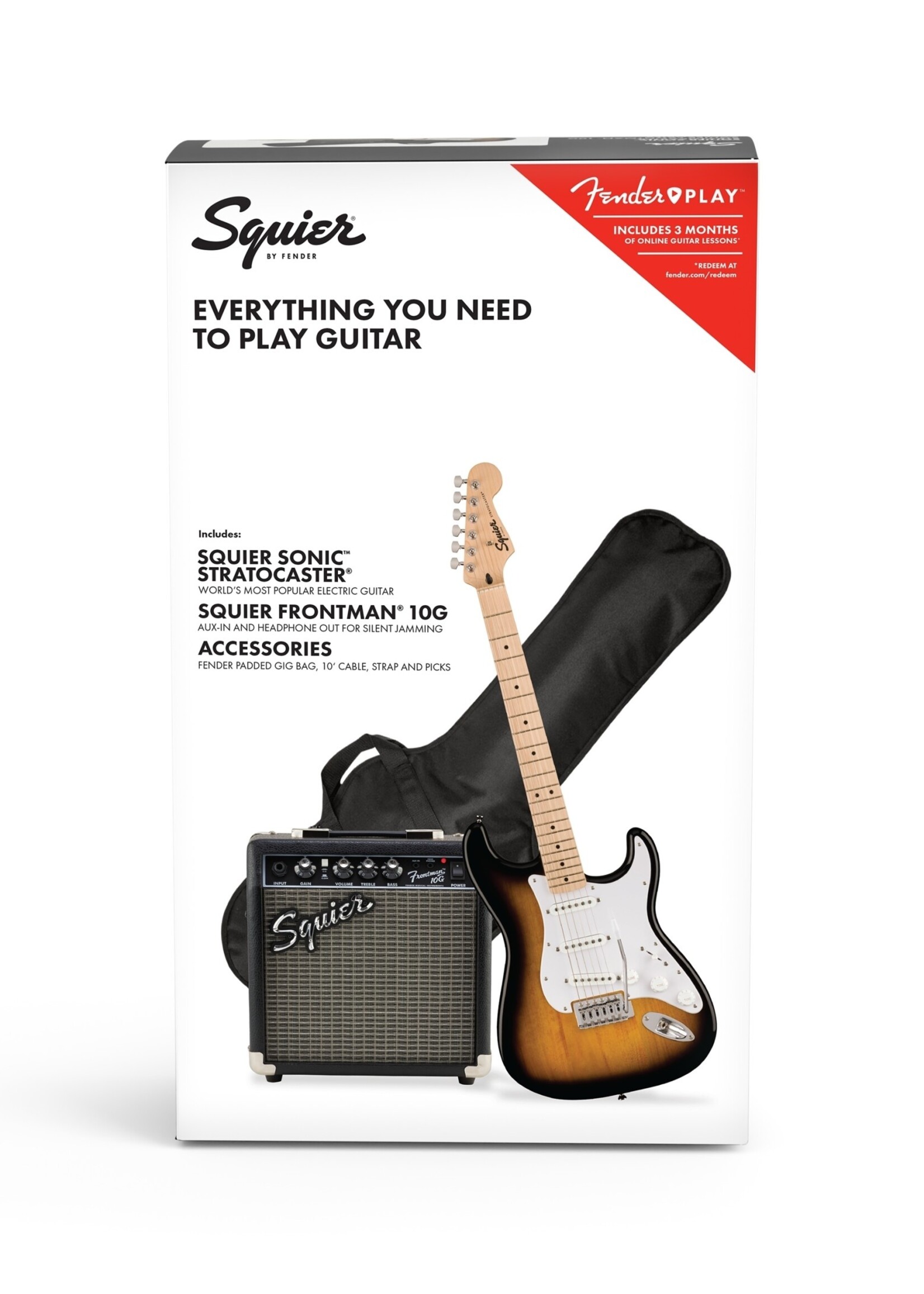 Squier Squier Sonic Stratocaster Pack, Maple Fingerboard, 2-Color Sunburst, Gig Bag, 10G - 120V