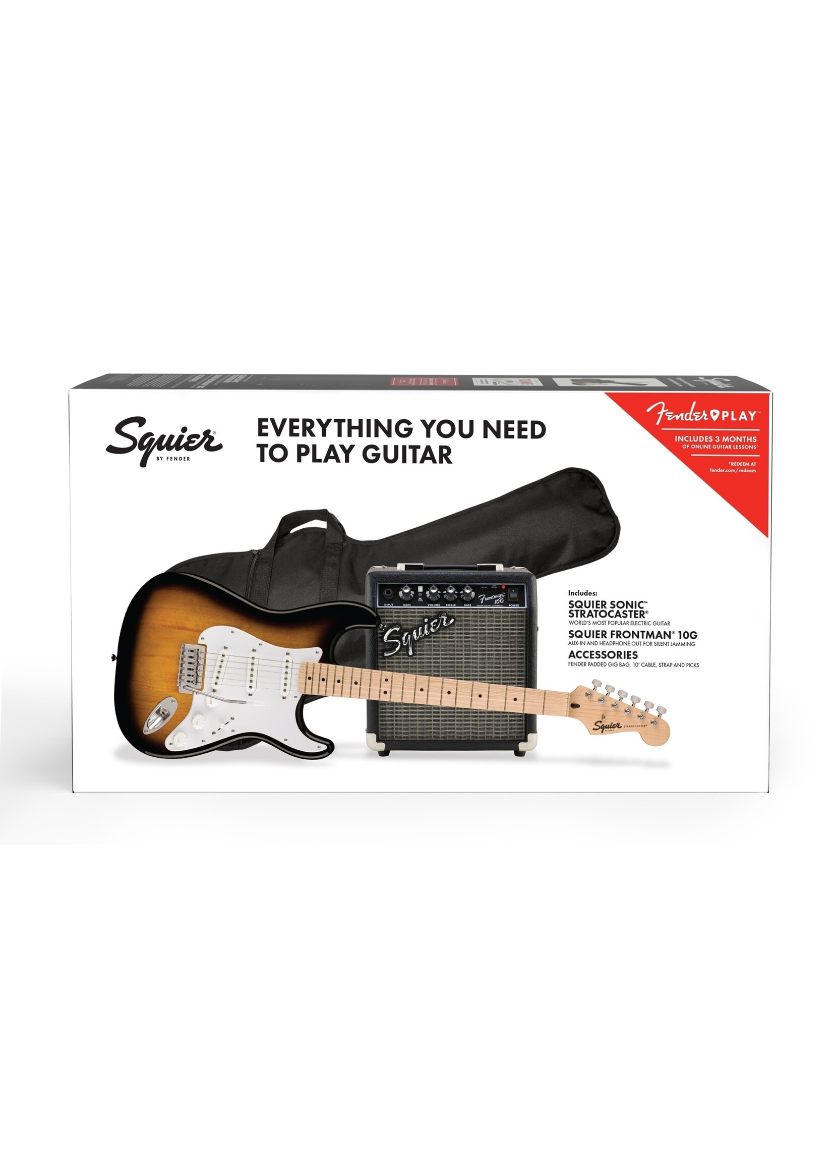 Squier Squier Sonic Stratocaster Pack, Maple Fingerboard, 2-Color Sunburst, Gig Bag, 10G - 120V