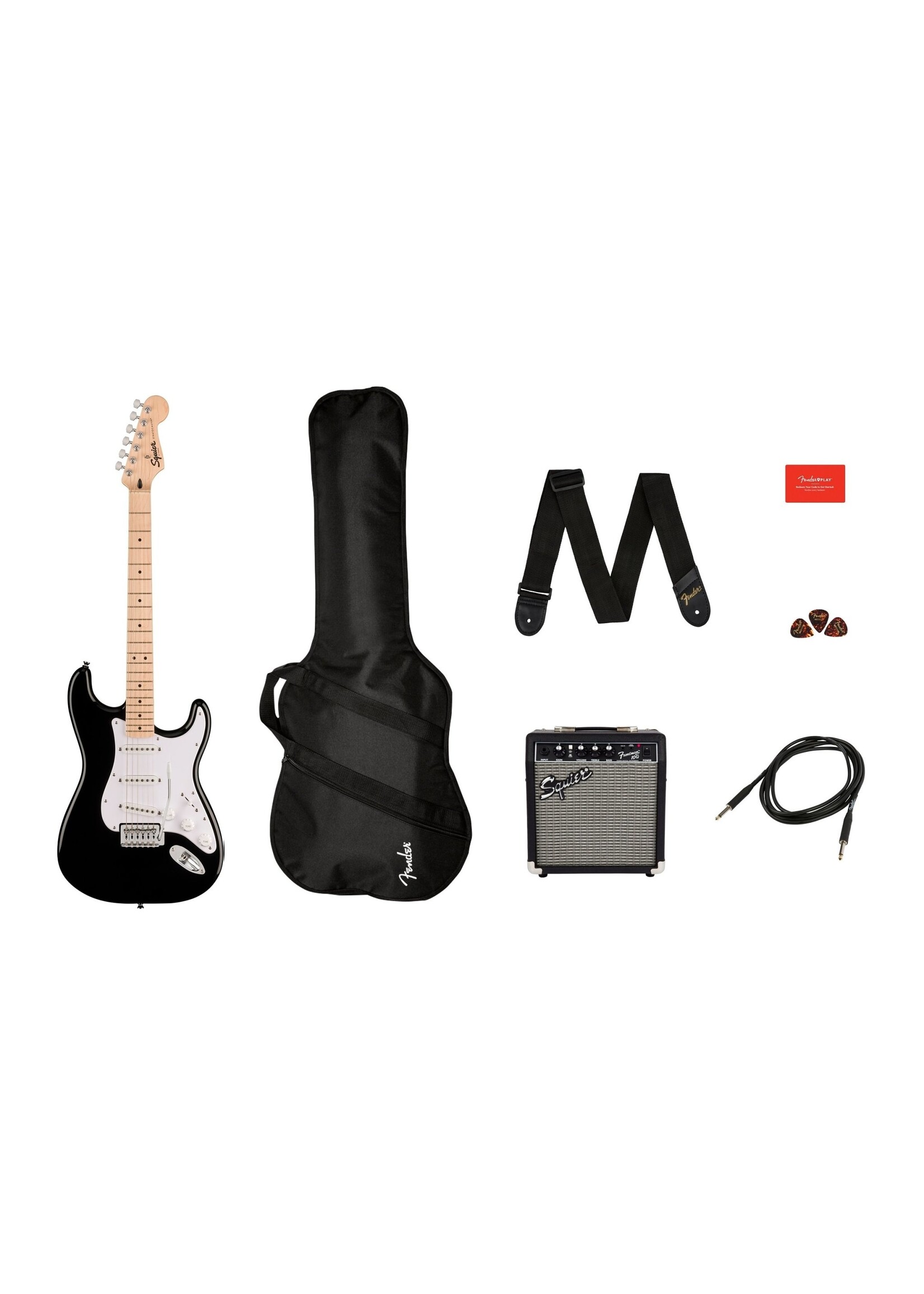 Squier Squier Squier Sonic Stratocaster Pack, Maple Fingerboard, Black, Gig Bag, 10G - 120V