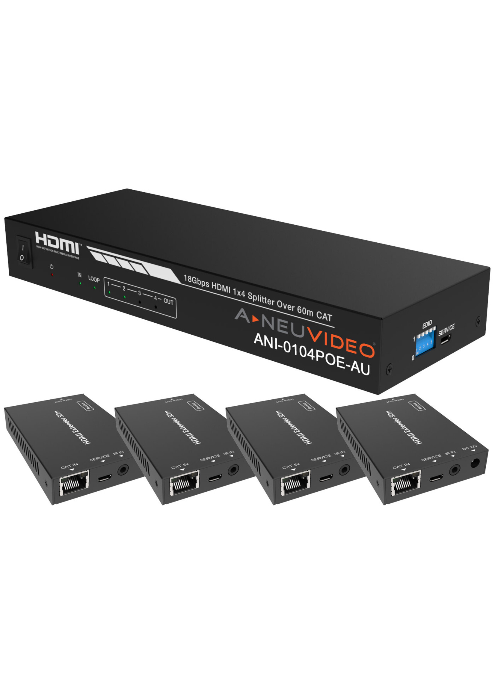 A-Neuvideo A-Neuvideo ANI-0104POE-AU 1x4 HDMI POE 1080/4K60 18Gbps CAT6 Extender Splitter, IR Return, w/ 8x Receivers 196 ft (60M) AUTO SETUP