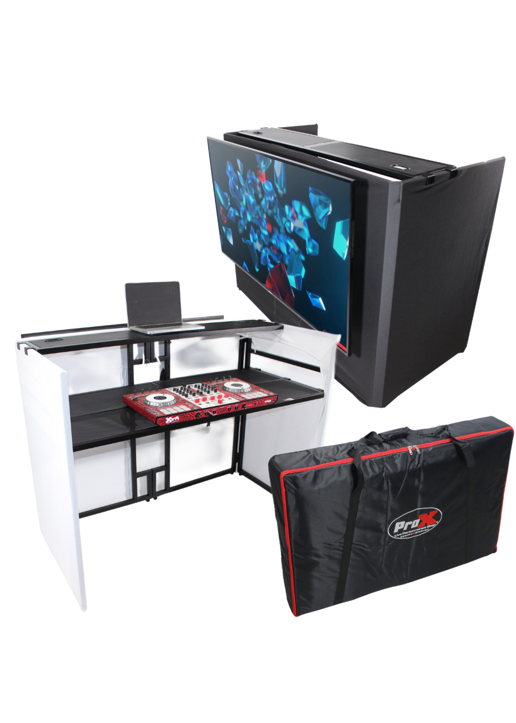 ProX ProX XF-MESA MEDIA MK2 MESA DJ Facade Table Workstation Includes TV Bracket Mount White & Black Scrims and Carry Bag