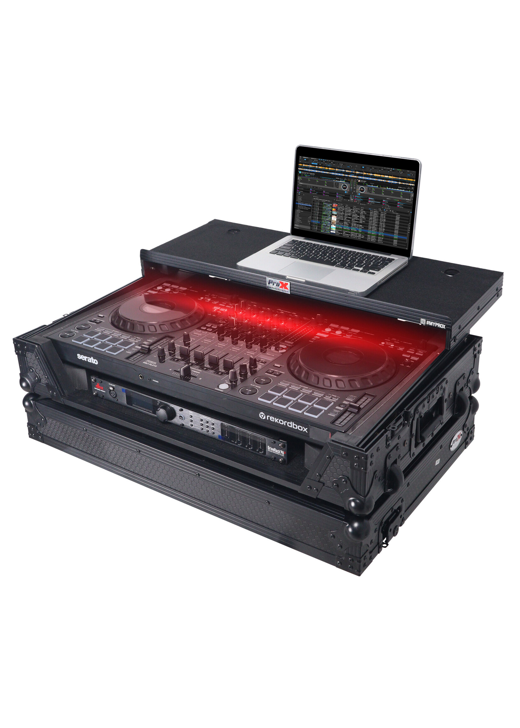 ProX ProX XS-DDJFLX10WLTBLLED ATA Flight Style Road Case For Pioneer DDJ-FLX10 DJ Controller with Laptop Shelf 1U Rack Space Wheels and LED Black Finish
