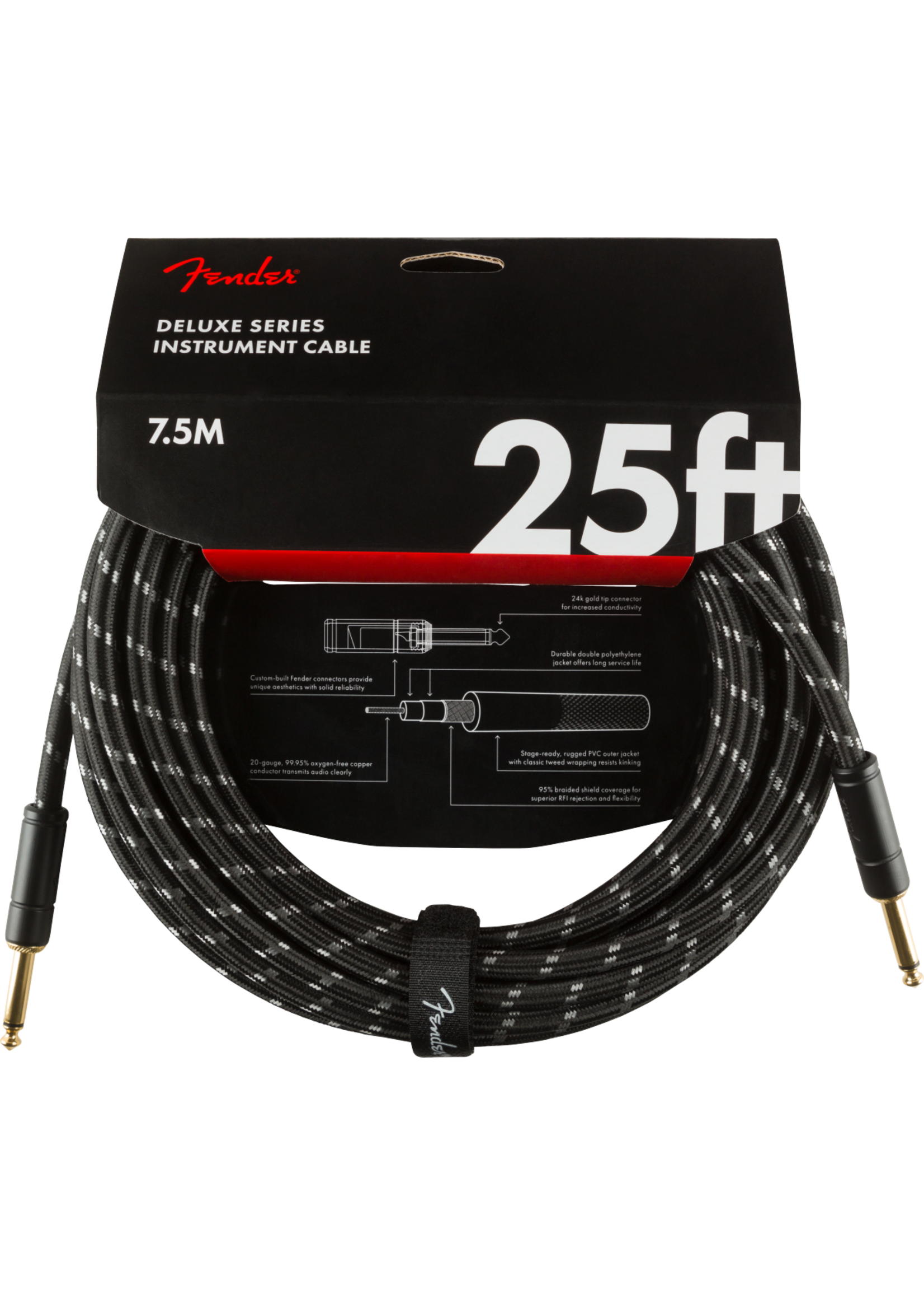 Fender Fender 0990820075 Deluxe Series Instrument Cable, Straight/Straight, 25', Black Tweed