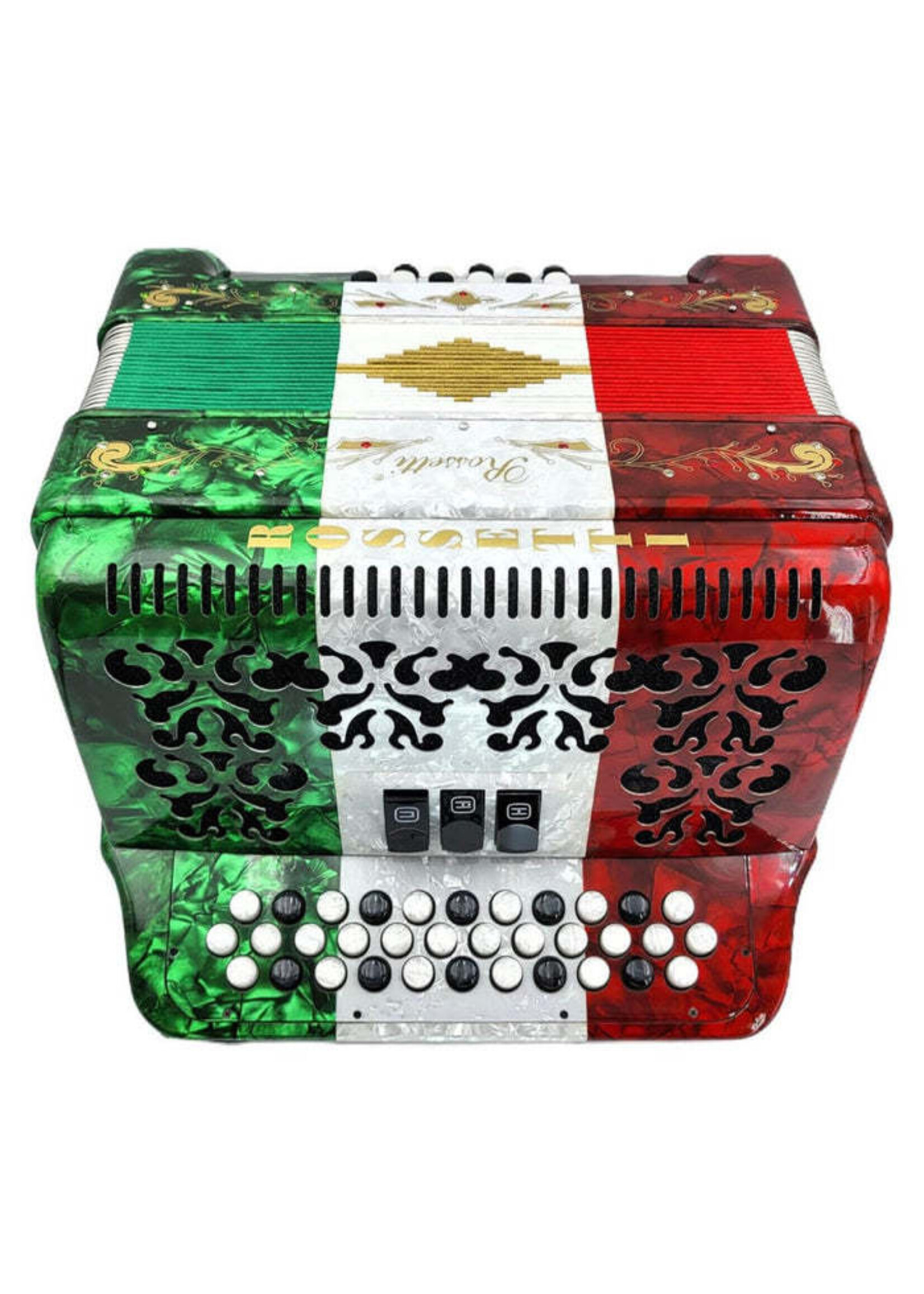 Rossetti Rossetti 3412-FBE-RWG FBbEb 3 Row 34 treble, 12 bass Diatonic button accordion Mexican Flag