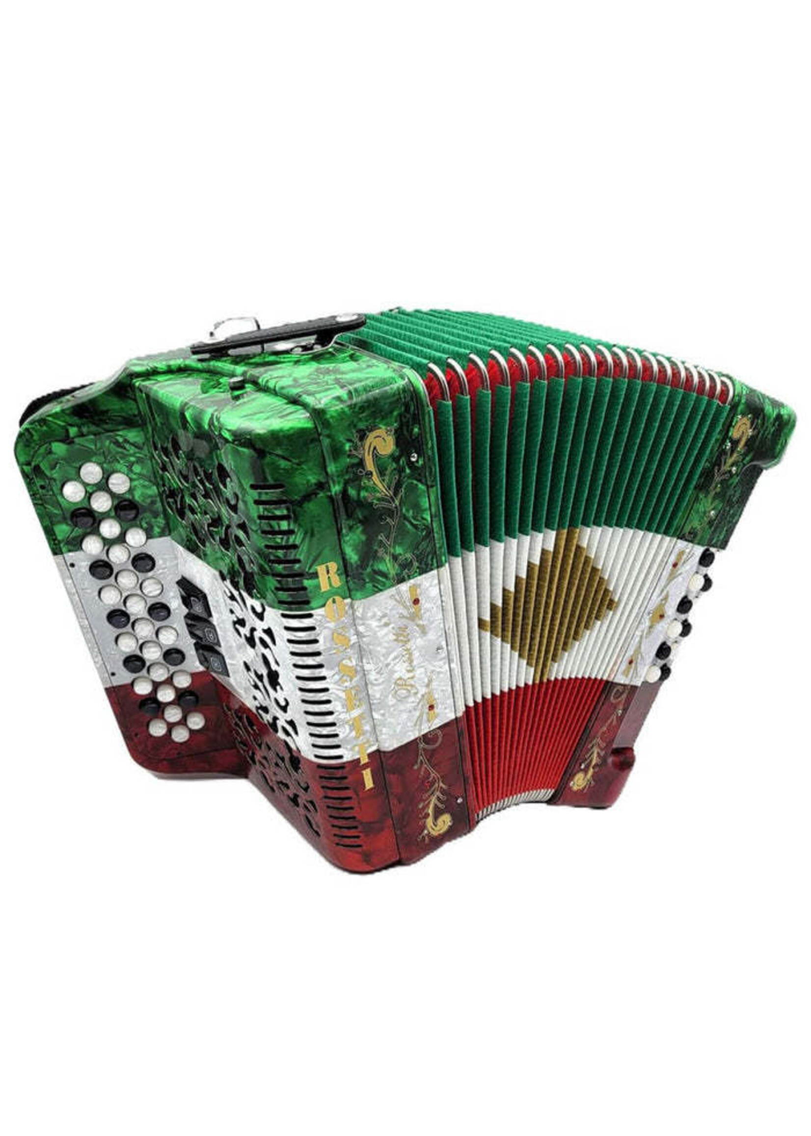 Rossetti Rossetti 3412-FBE-RWG FBbEb 3 Row 34 treble, 12 bass Diatonic button accordion Mexican Flag