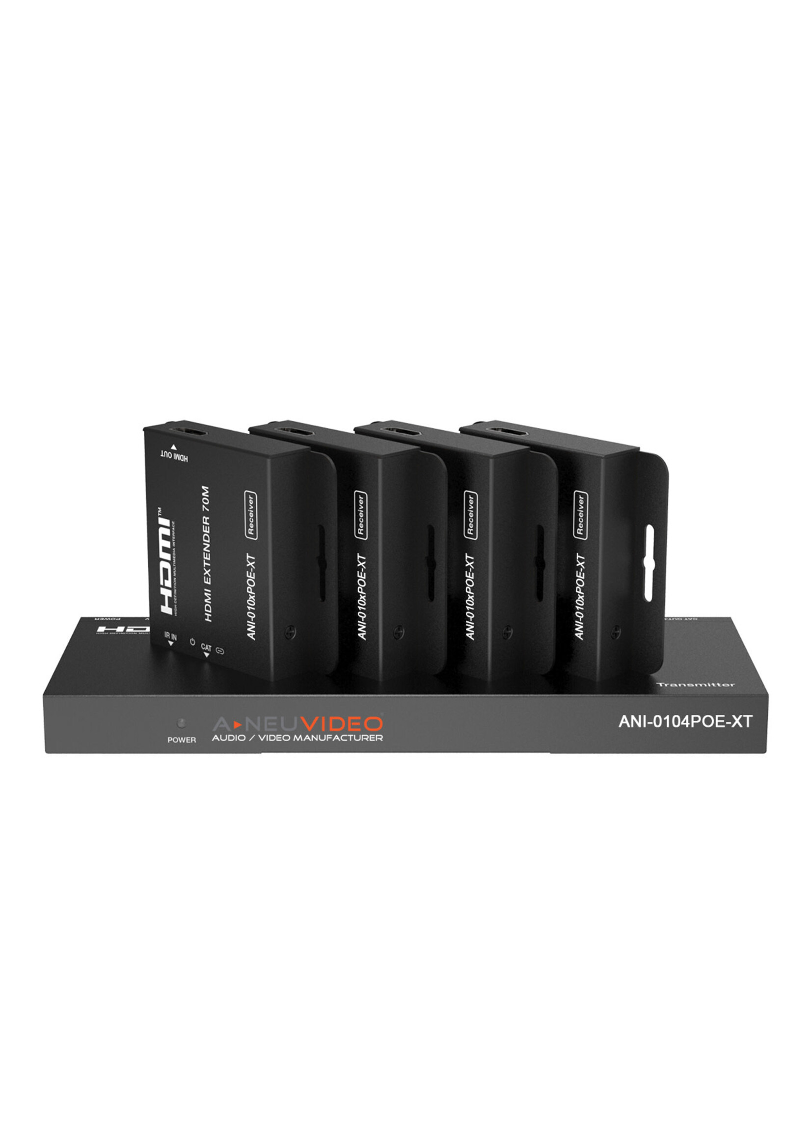 A-Neuvideo A-Neuvideo ANI-0104POE-XT 1x4 HDMI POE 1080/4K30 CAT6 Extender Splitter, IR Return, w/ 4x Receivers 230 ft (70M) Auto Setup