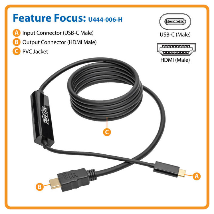 Tripp Lite USB-C to HDMI Cable 4K - Thunderbolt 3 - 6ft - Black