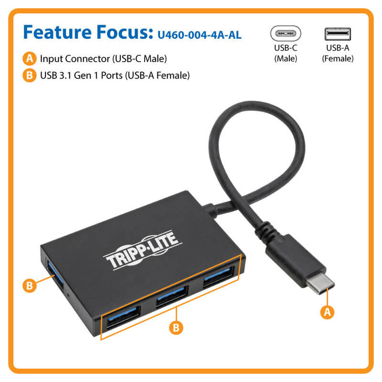Tripp Lite USB C Hub 4-Port USB-A Compact USB 3.1 Gen 1 Portable Aluminum