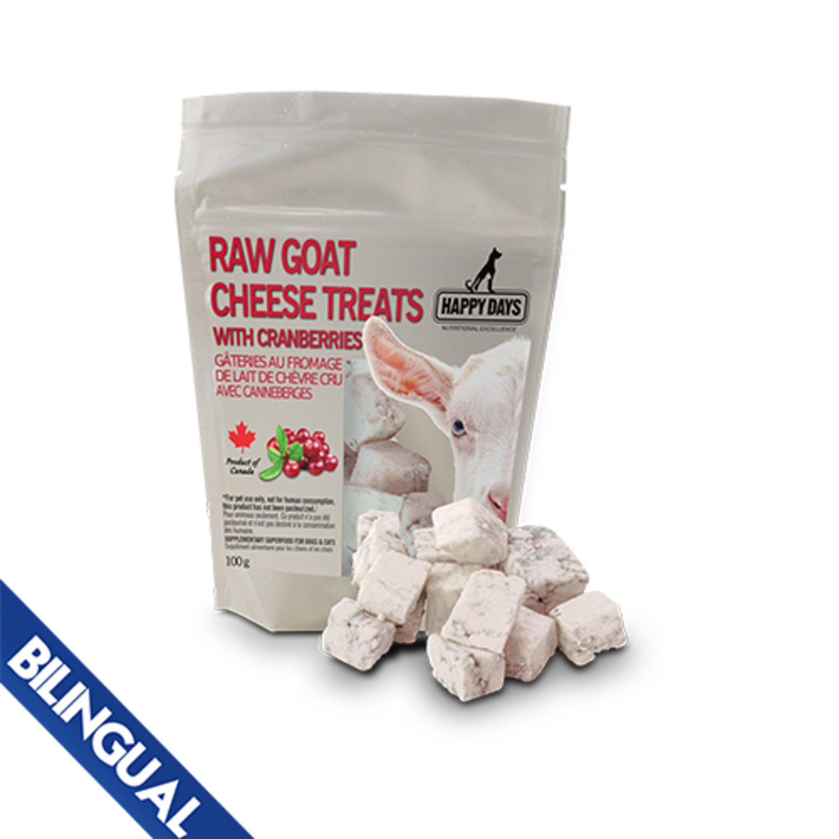 HAPPY DAYS FRIANDISES AU FROMAGE DE CHÈVRE CRU AVEC CANNEBERGES SURGELÉES POUR CHIENS ET CHATS