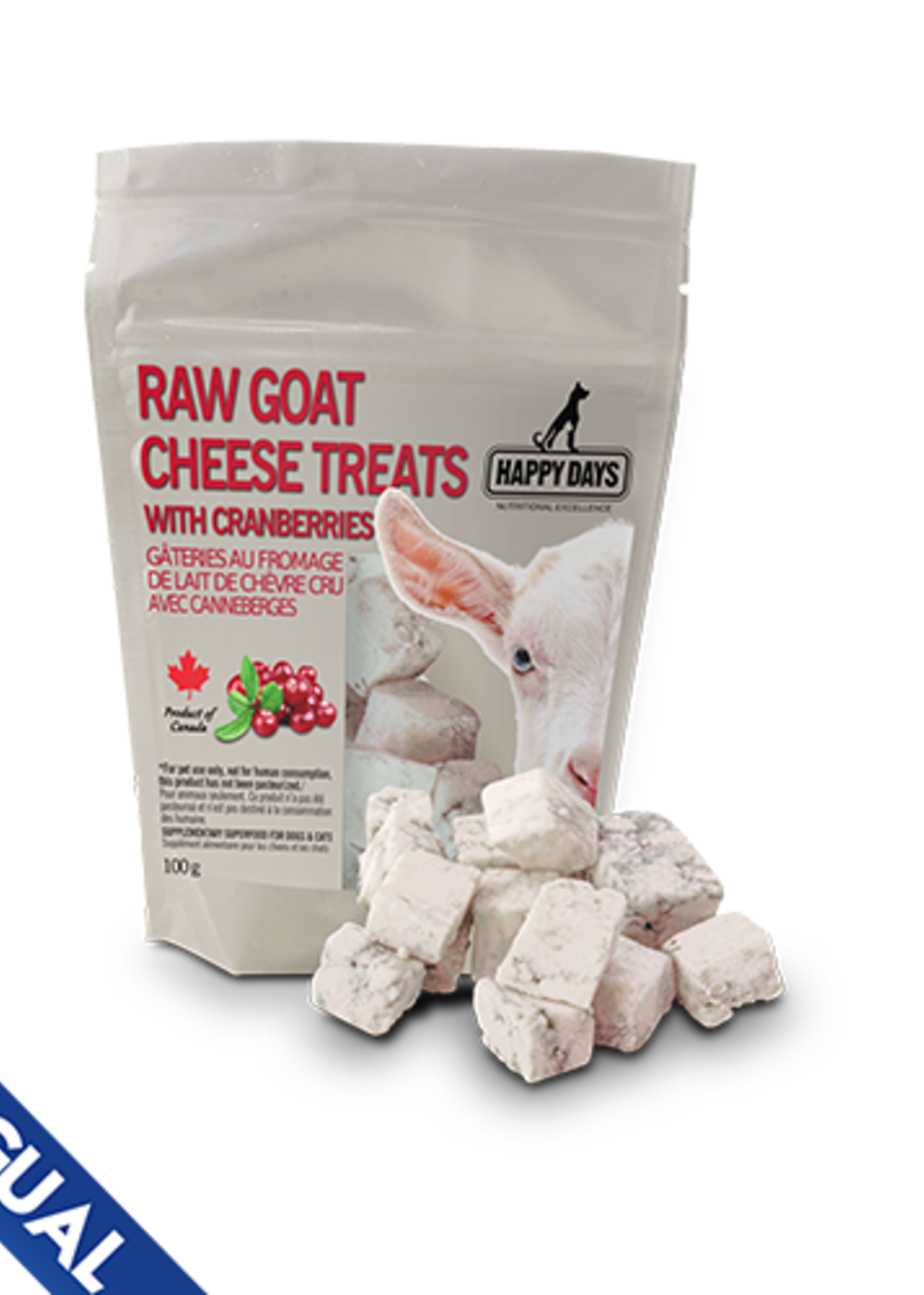 HAPPY DAYS FRIANDISES AU FROMAGE DE CHÈVRE CRU AVEC CANNEBERGES SURGELÉES POUR CHIENS ET CHATS