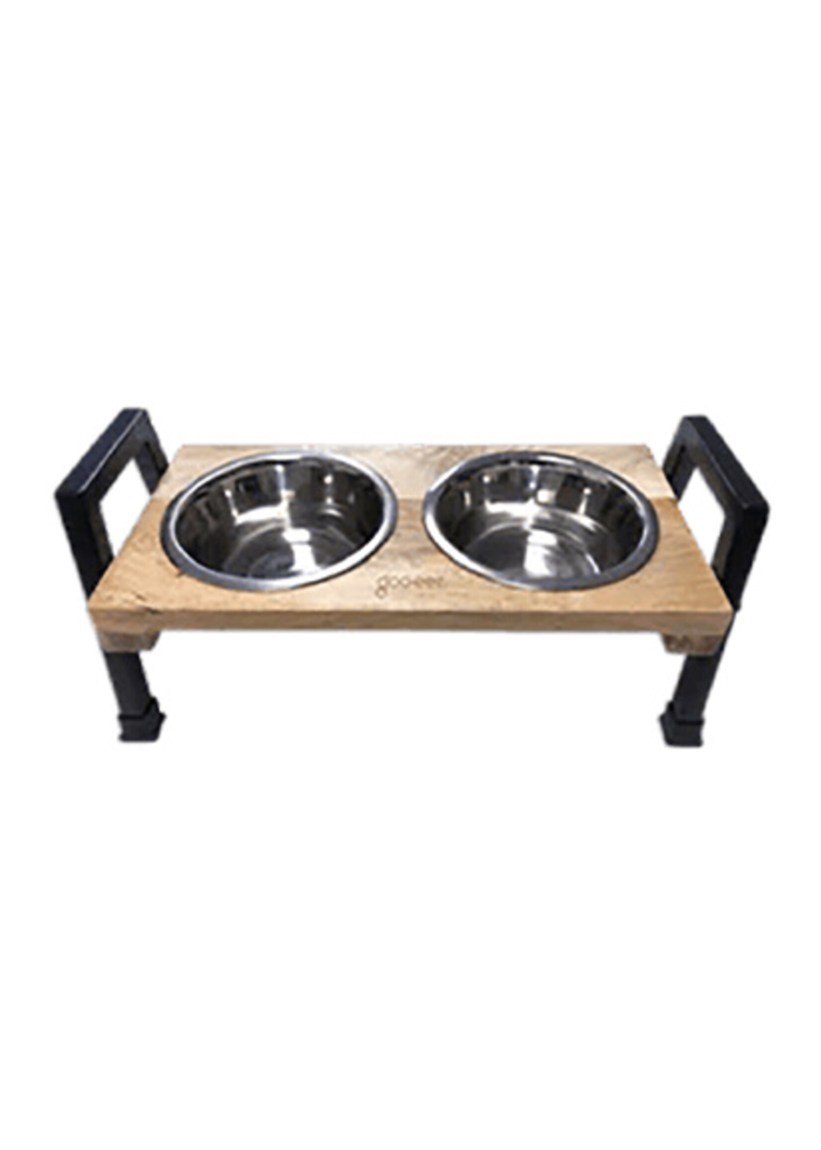 High Mango Wood Feeder with Double Stainless Steel Bowls