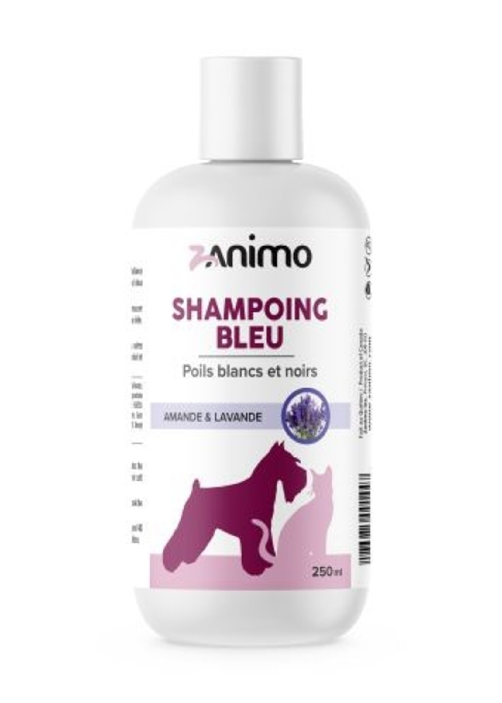 ZANIMO Shampoing Bleu, Pour Poils Blancs Et Noirs, Pour Chien Et Chat - Amande & Lavande