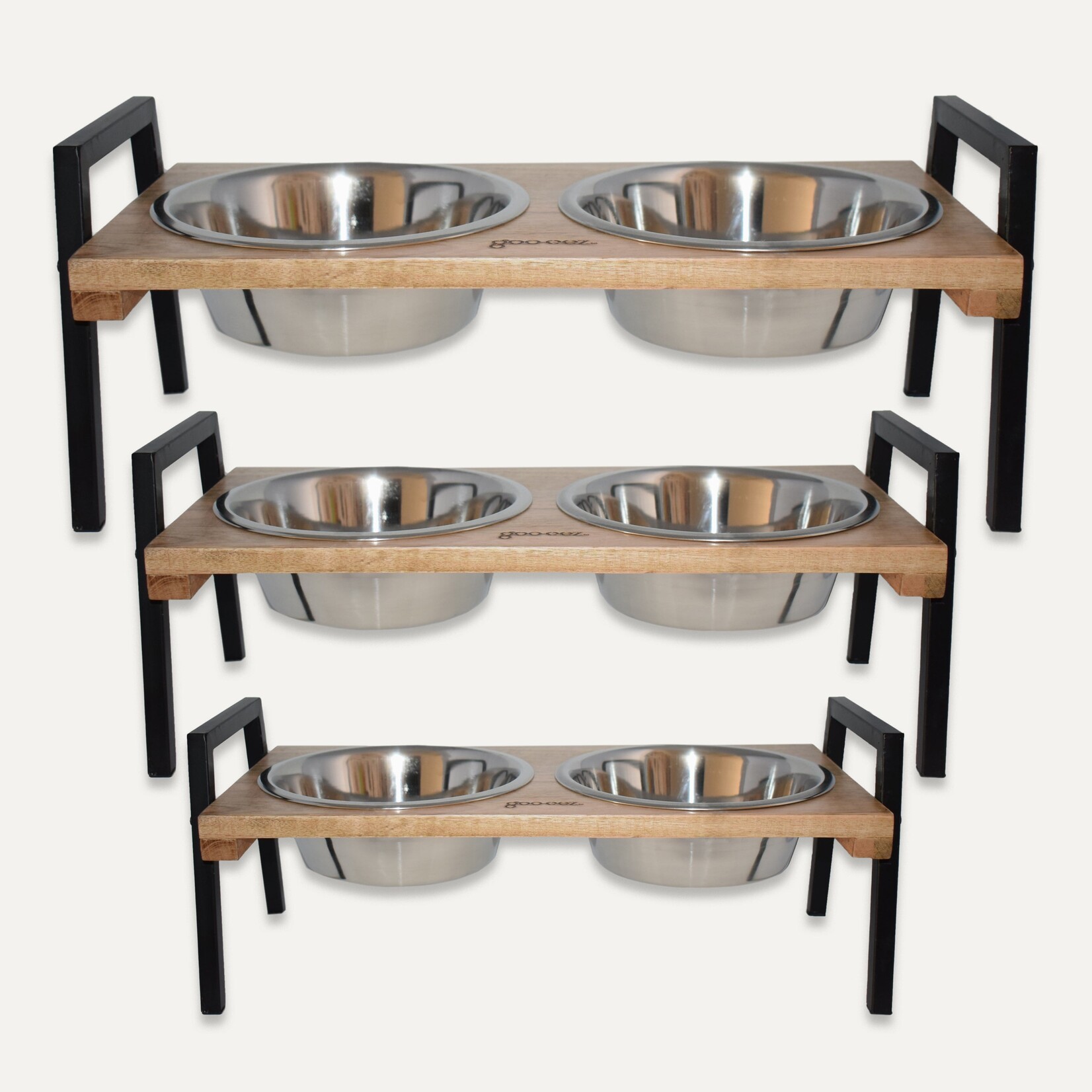 Mangeoire haute en bois de manguier avec doubles bols en acier inoxydable