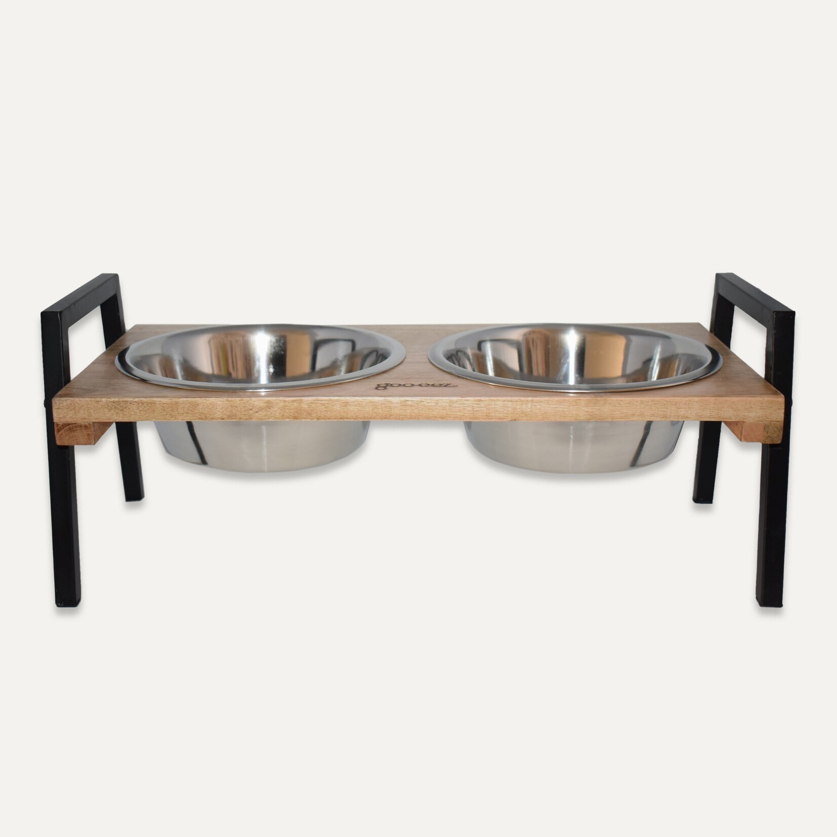 Mangeoire haute en bois de manguier avec doubles bols en acier inoxydable