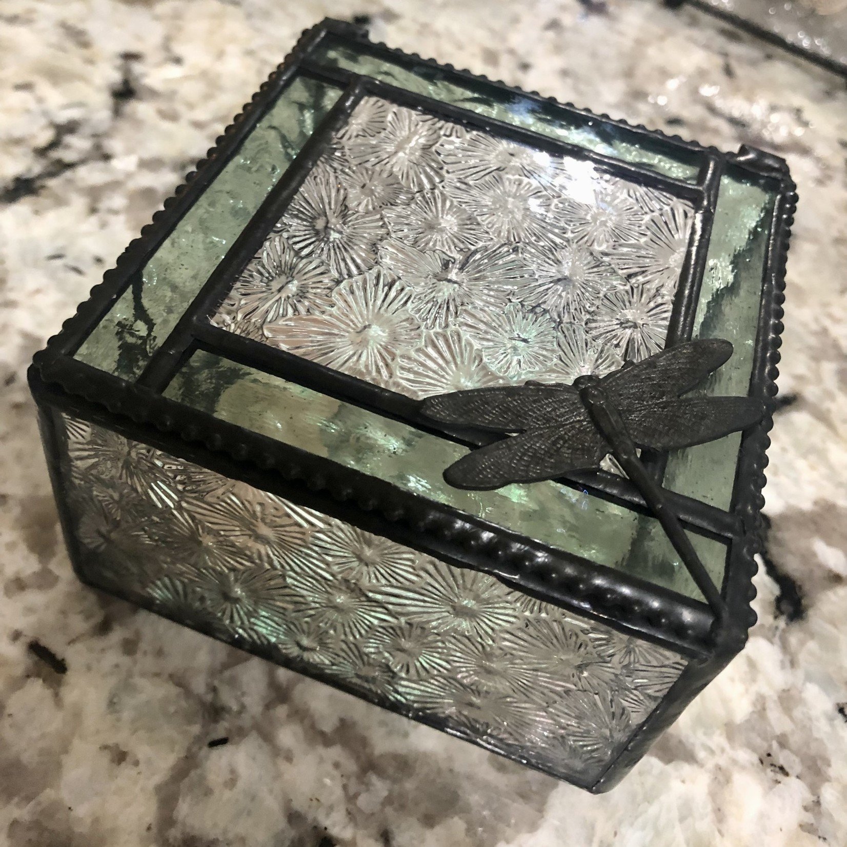 Lima Bean Glass Box - Sage Accents with Dragonfly