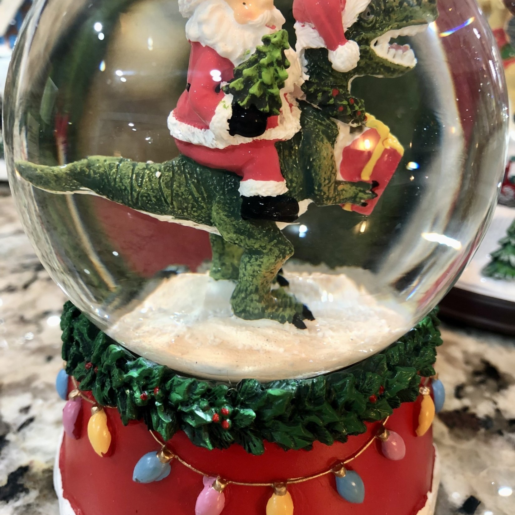 Lima Bean T-Rex Santa Snow Globe