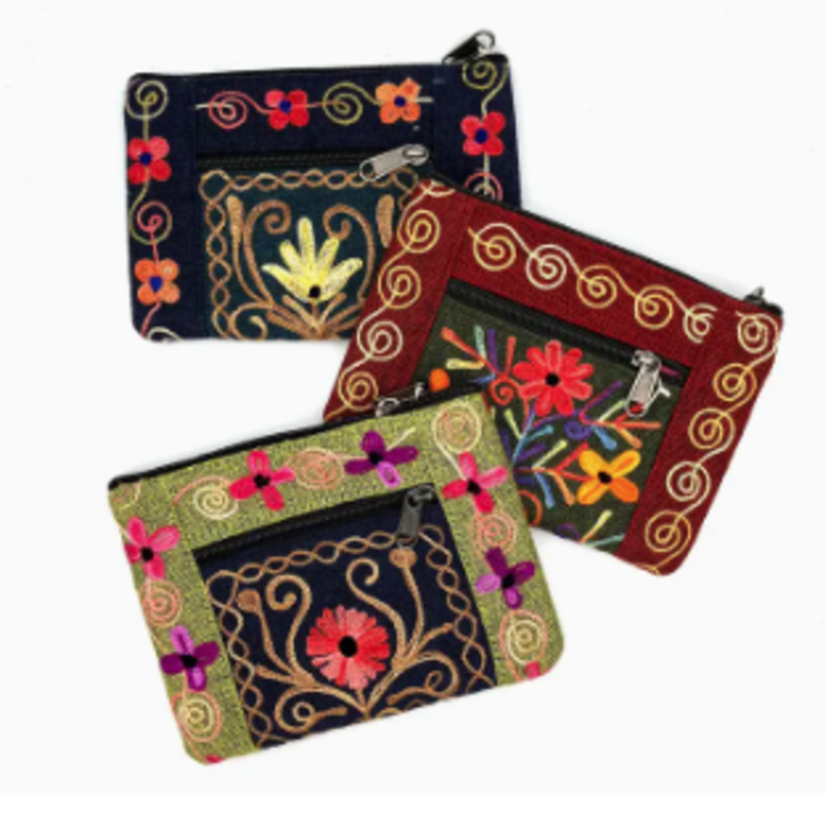 Lima Bean Embroidered Floral 2-Zip Accessory Purse