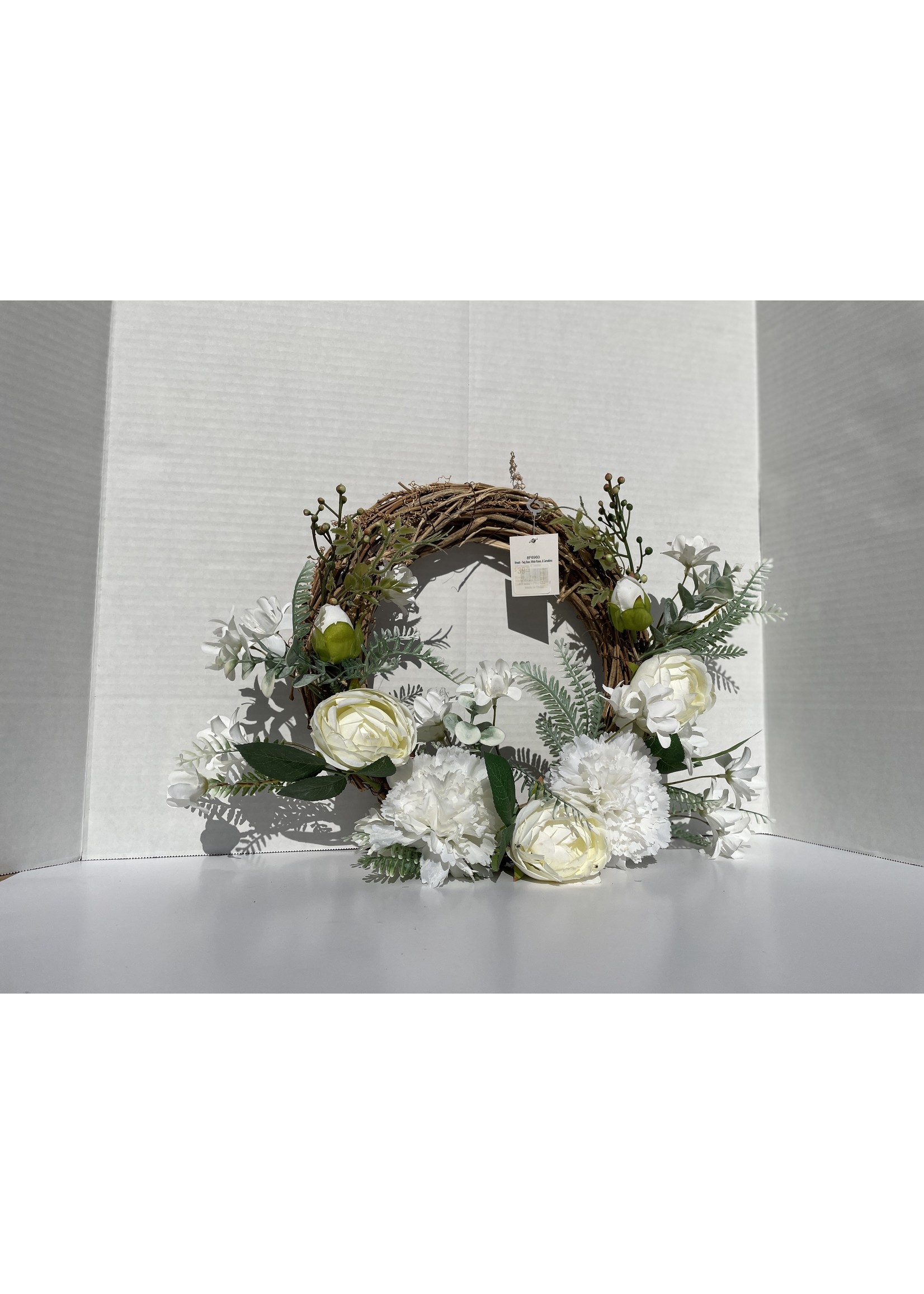 Wreath - Twig, White Roses, Carnations