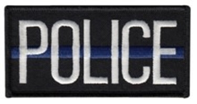 Hero's Pride POLICE - White on Black, with Blue line, Black border - 4 X 2”