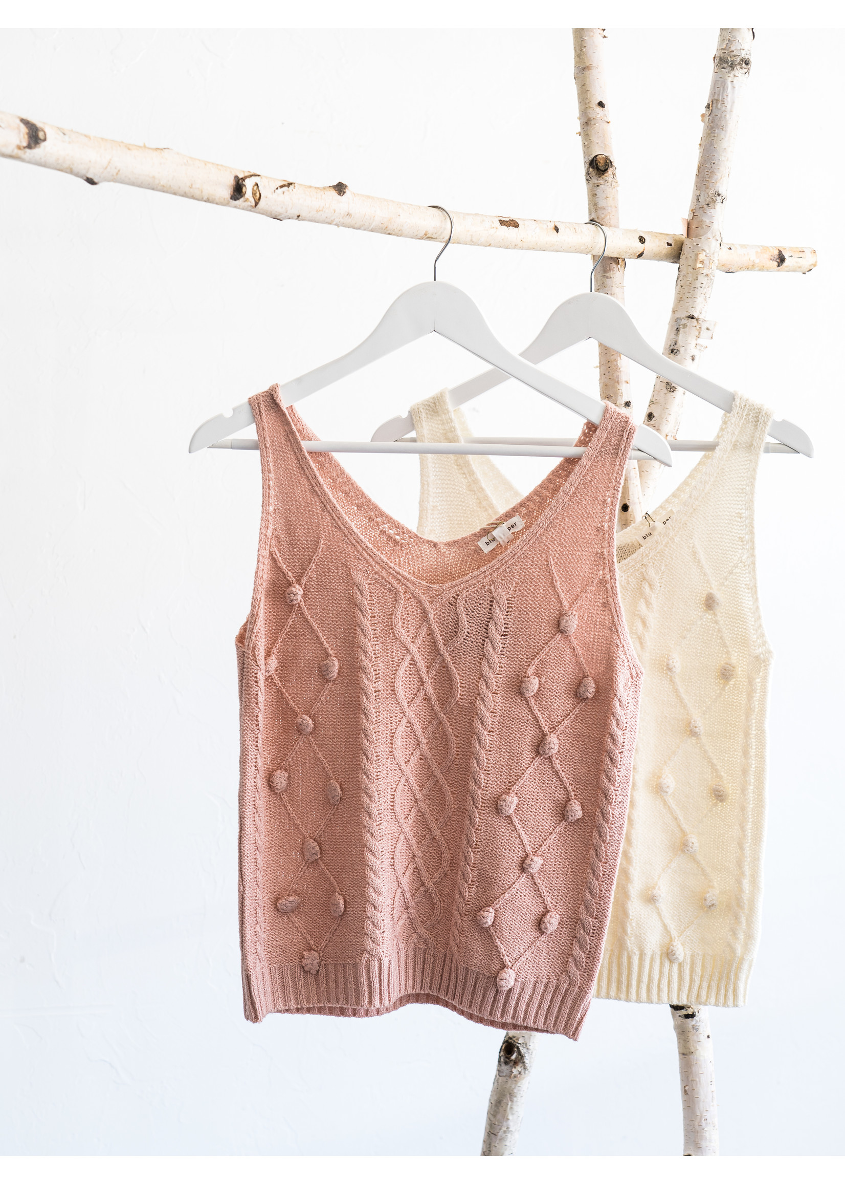 POMPOM CABLE TANK SWEATER